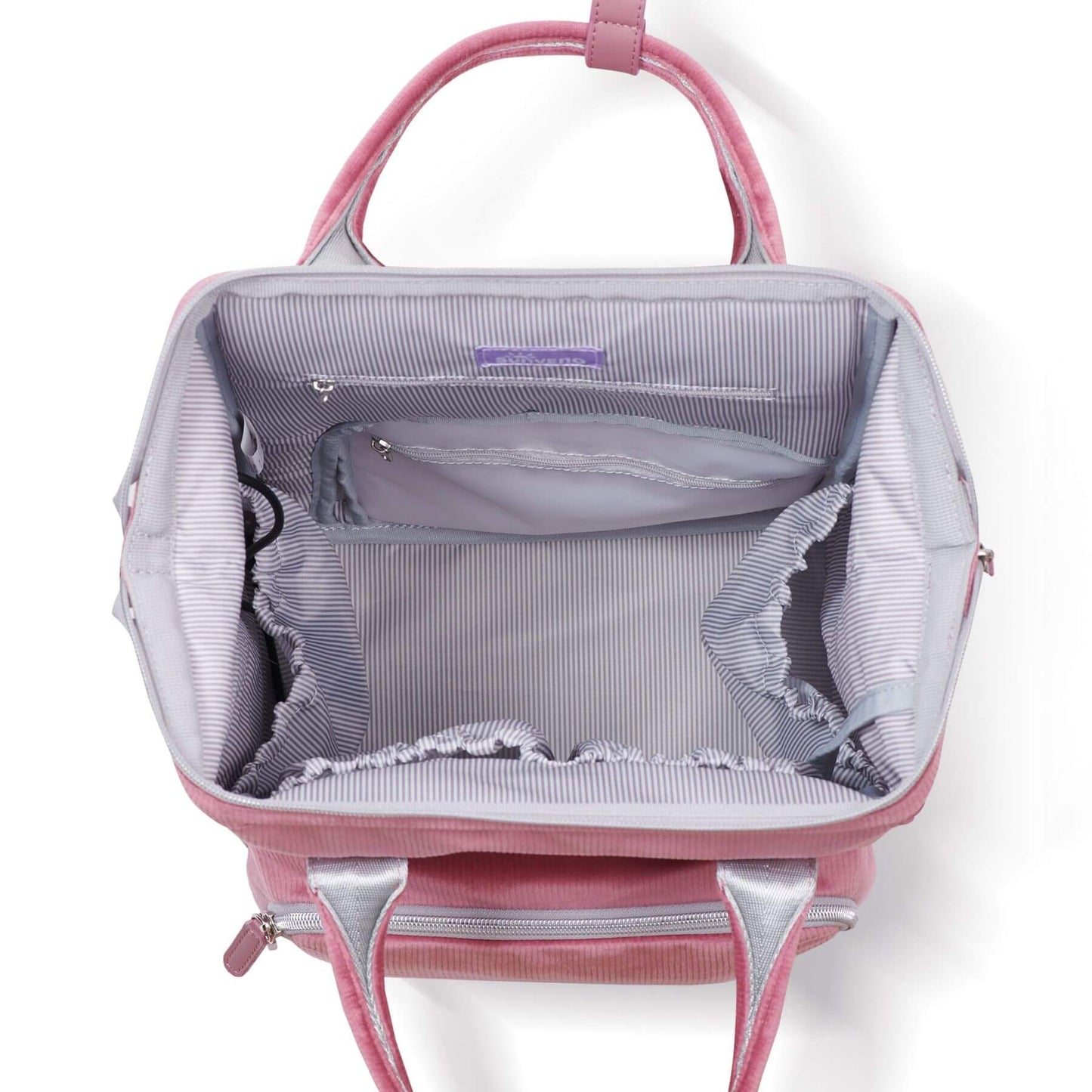Corduroy Diaper Backpack Pink with open front compartment