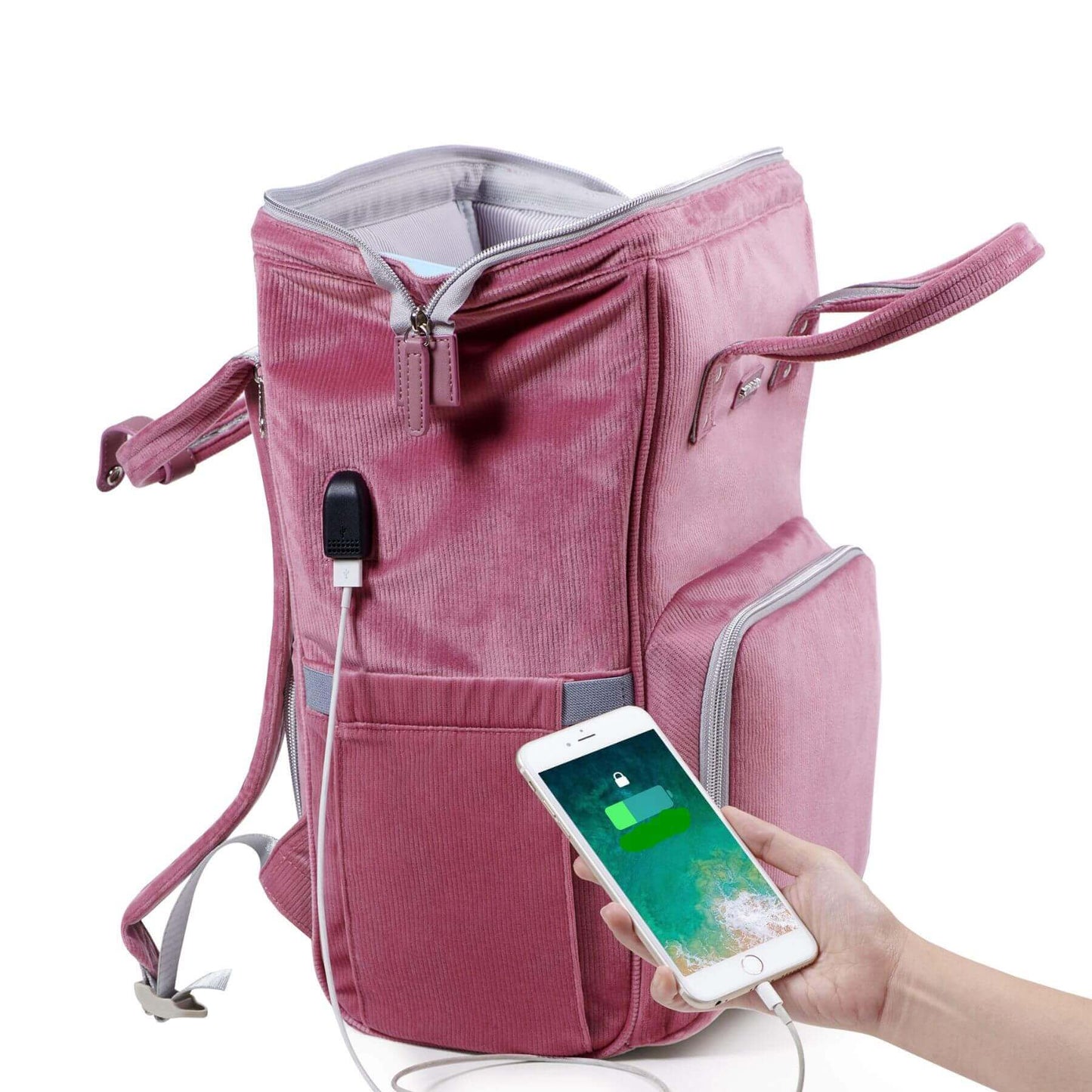 Corduroy Diaper Backpack Pink with USB cable and smartphone charging