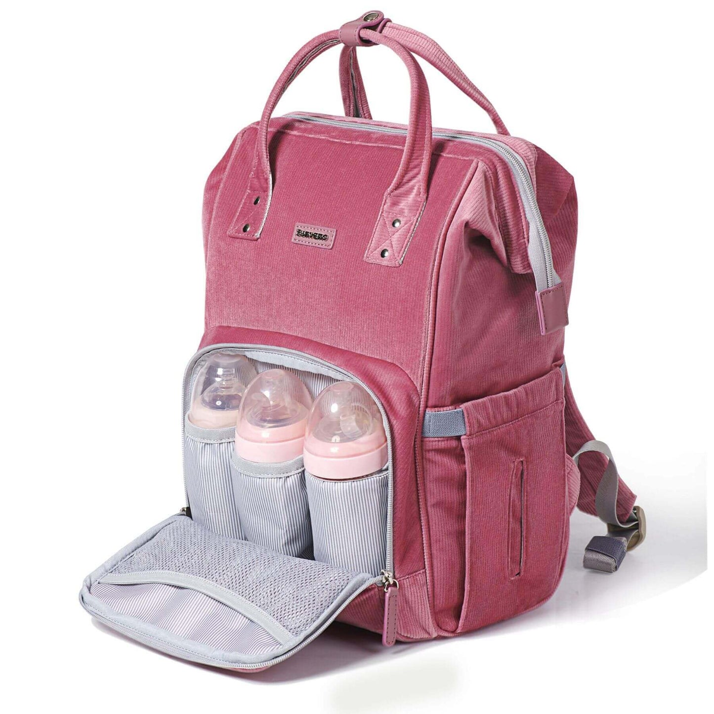 Corduroy Diaper Backpack Pink with baby bottles and accessories
