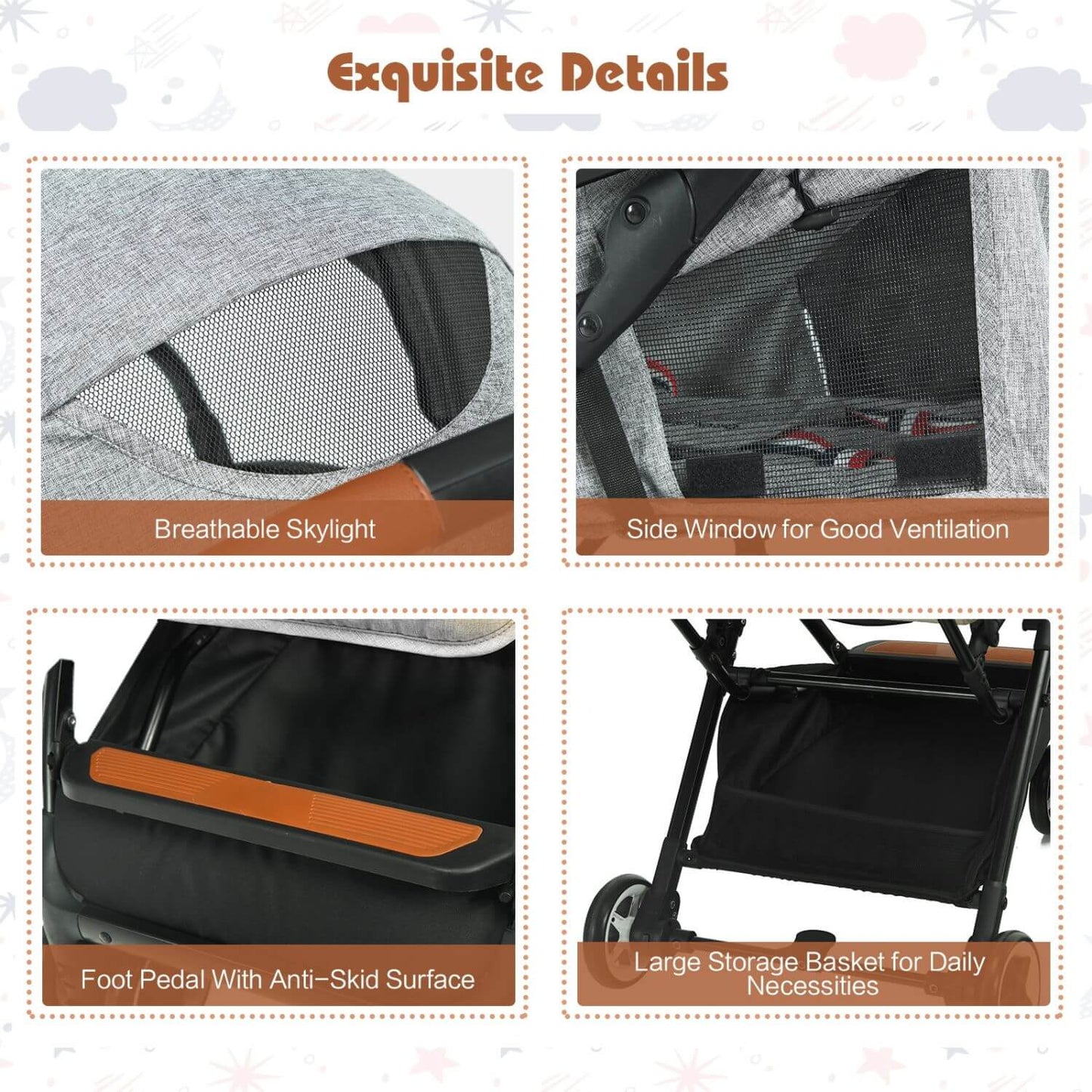 A 2x2 feature-detail collage titled 'Exquisite Details' showing close-up views of a stroller: a breathable gray mesh skylight, side window ventilation, a black foot pedal with an orange accent, and a large black storage basket.