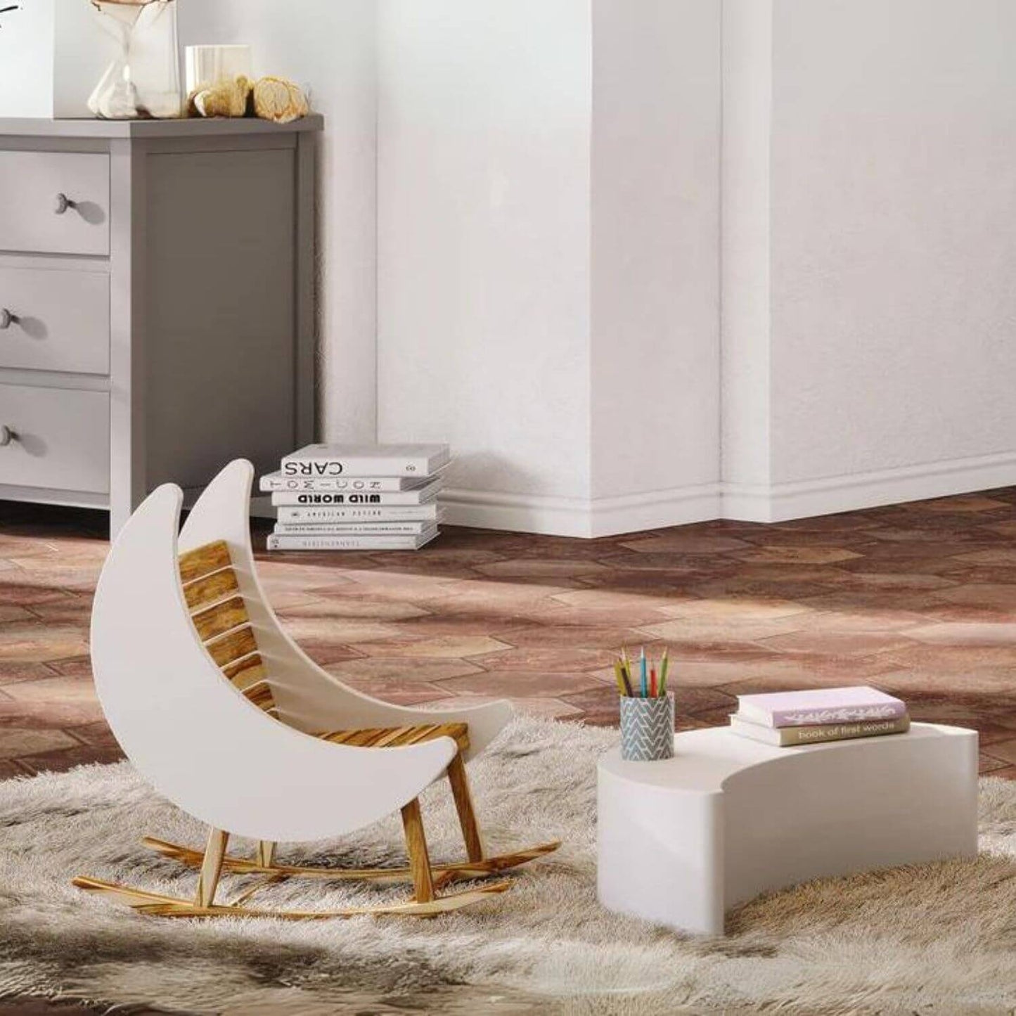 Milk Street Baby Crescent Moon Rocker Tot size Acacia with Snow - Lifestyle