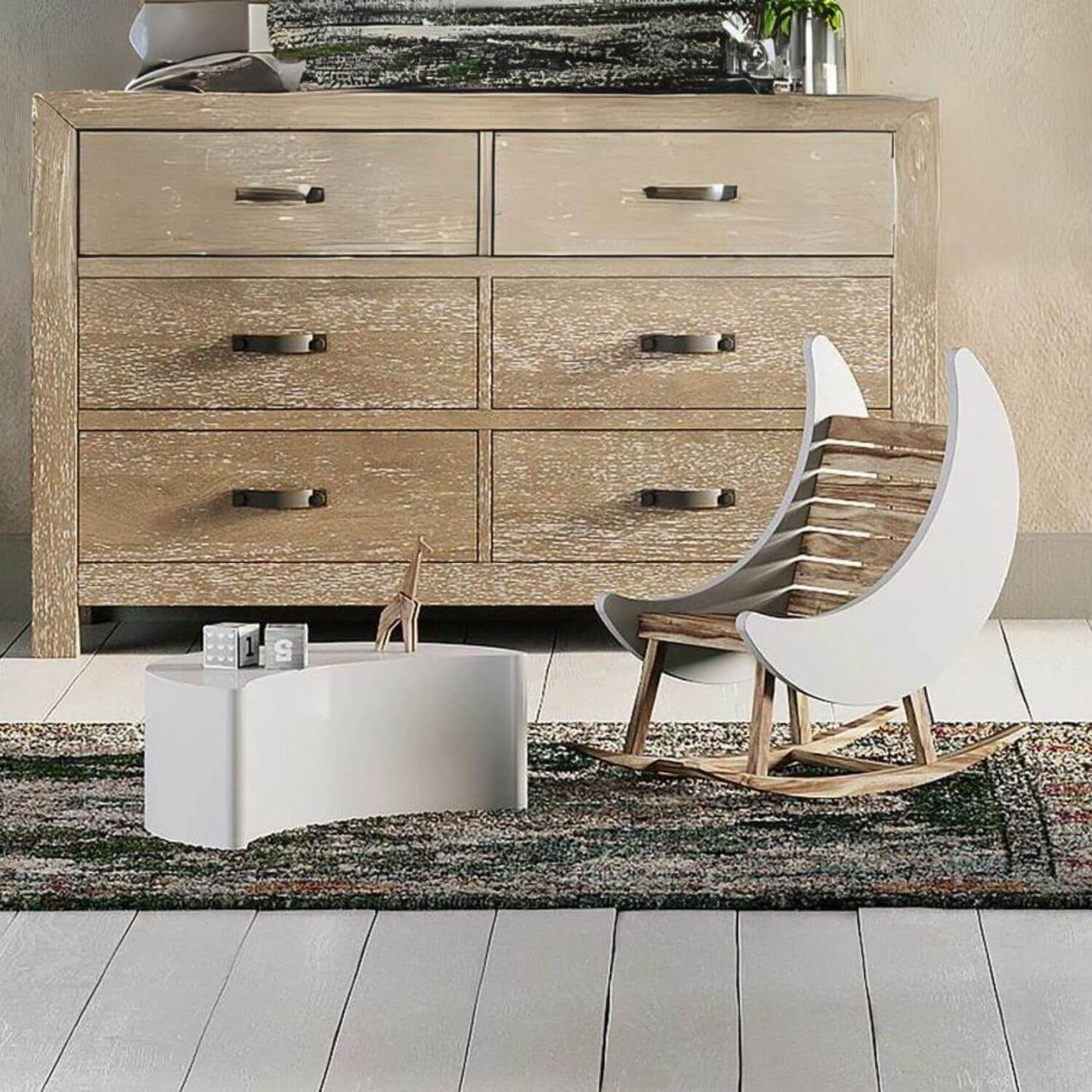 Milk Street Baby Crescent Moon Rocker Tot size Acacia with Snow - Lifestyle