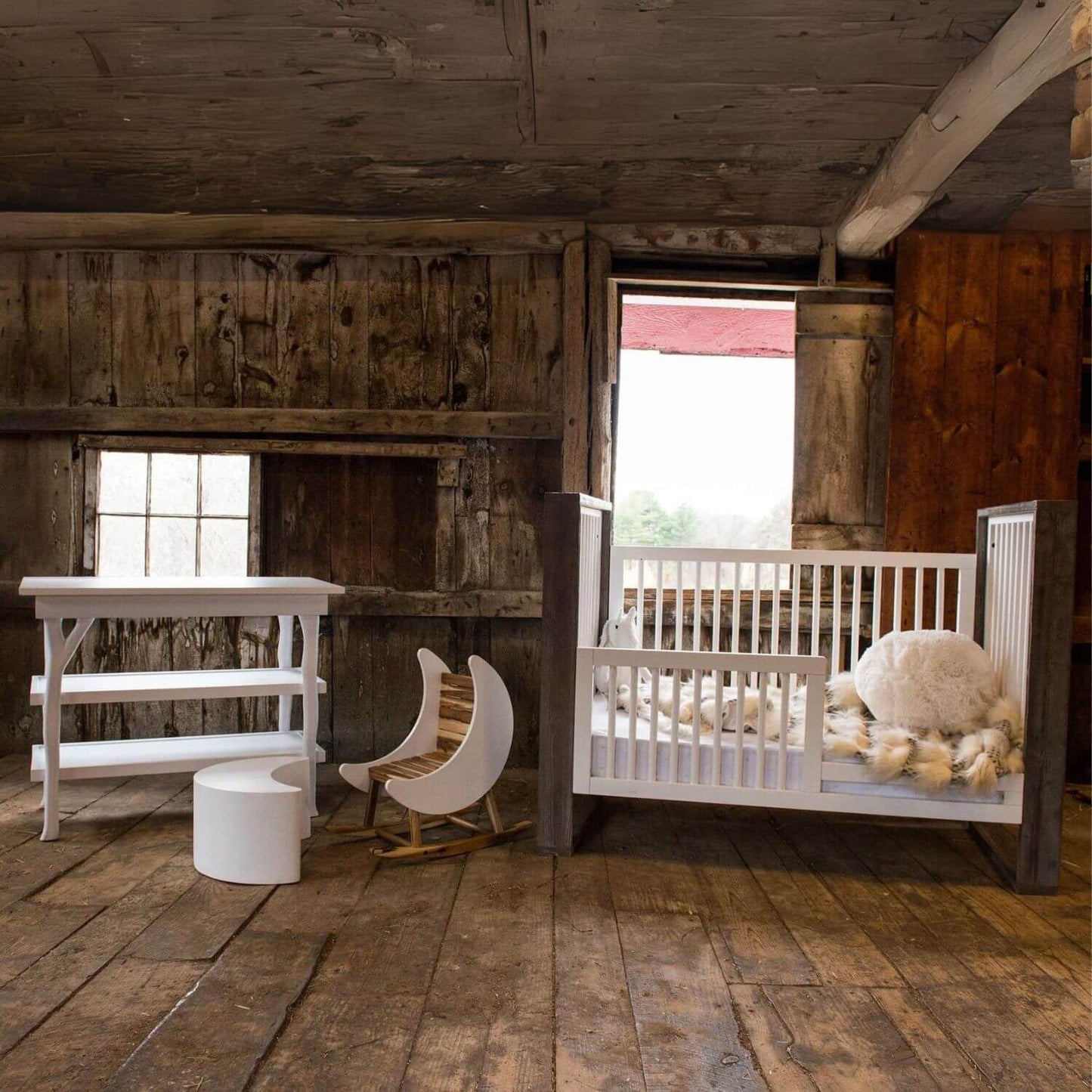 Milk Street Baby Crescent Moon Rocker Tot size Acacia with Snow - Lifestyle