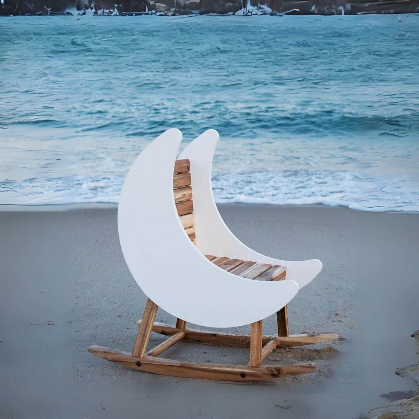 Milk Street Baby Crescent Moon Rocker Tot size Acacia with Snow - Lifestyle