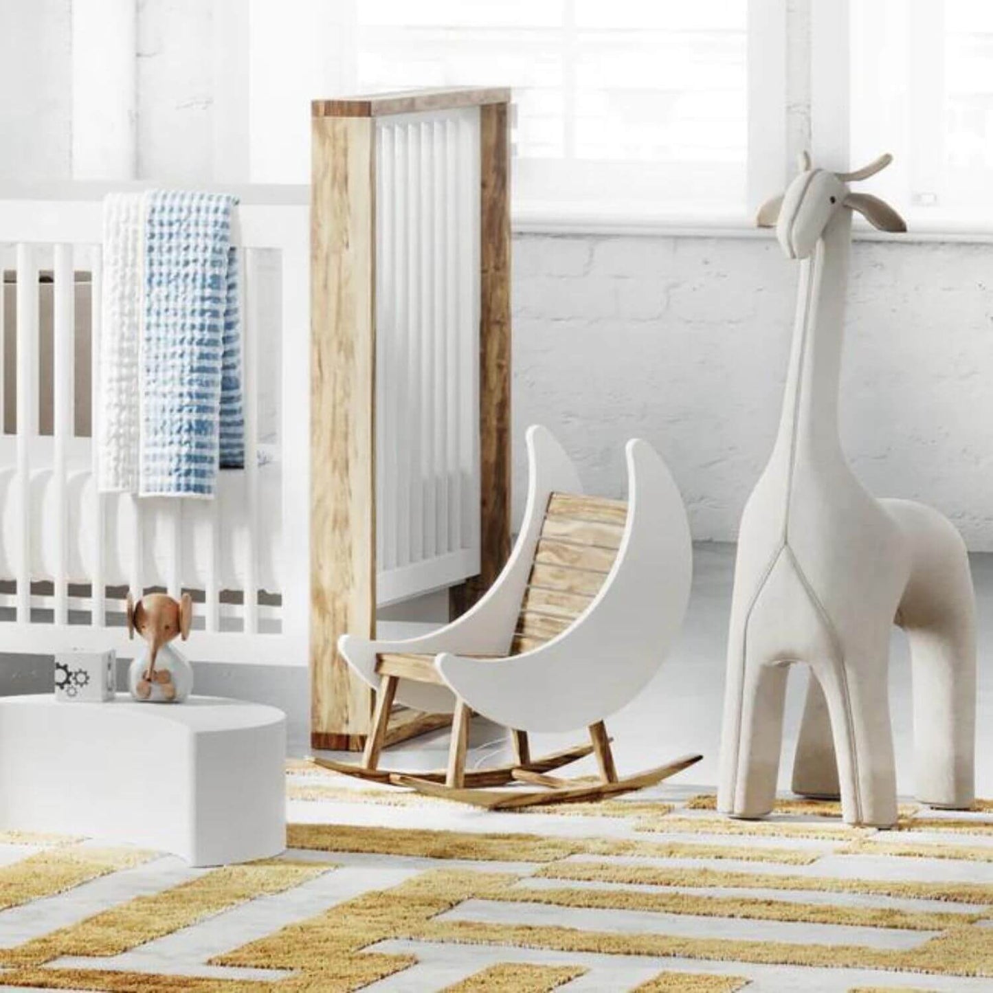 Milk Street Baby Crescent Moon Rocker Tot size Acacia with Snow - Lifestyle