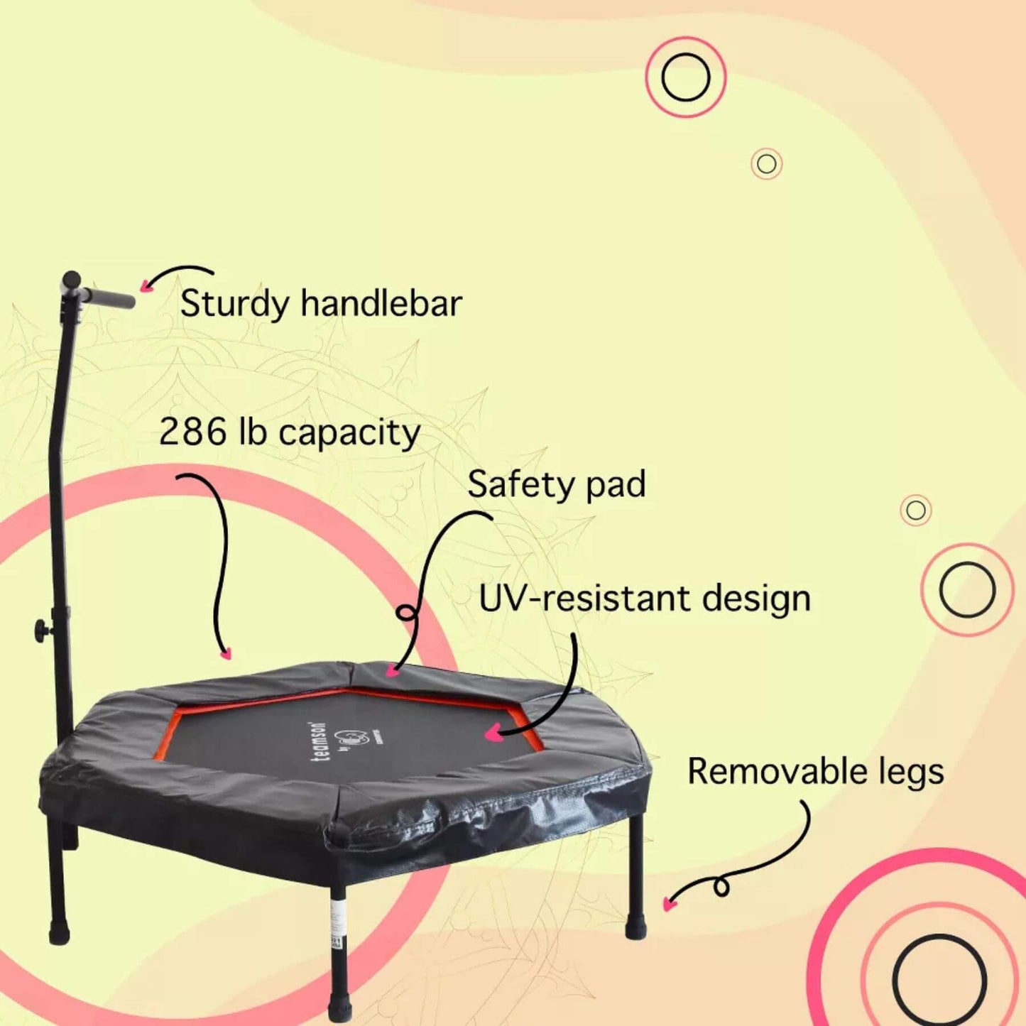 Crowntec 50'' UV-Resistant Hexagonal Trampoline with Handlebar with features highlighted on a colorful background