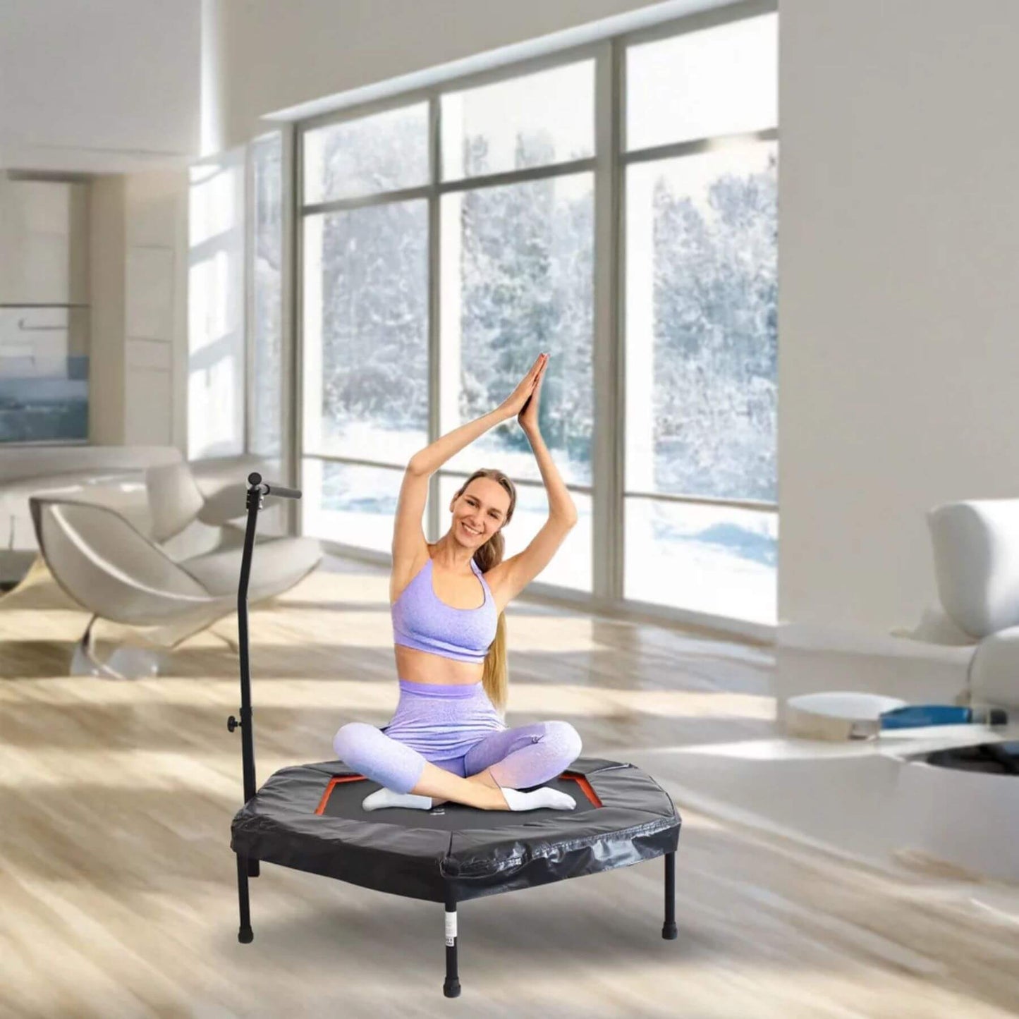 Woman exercising on Crowntec 50'' UV-Resistant Hexagonal Trampoline with Handlebar