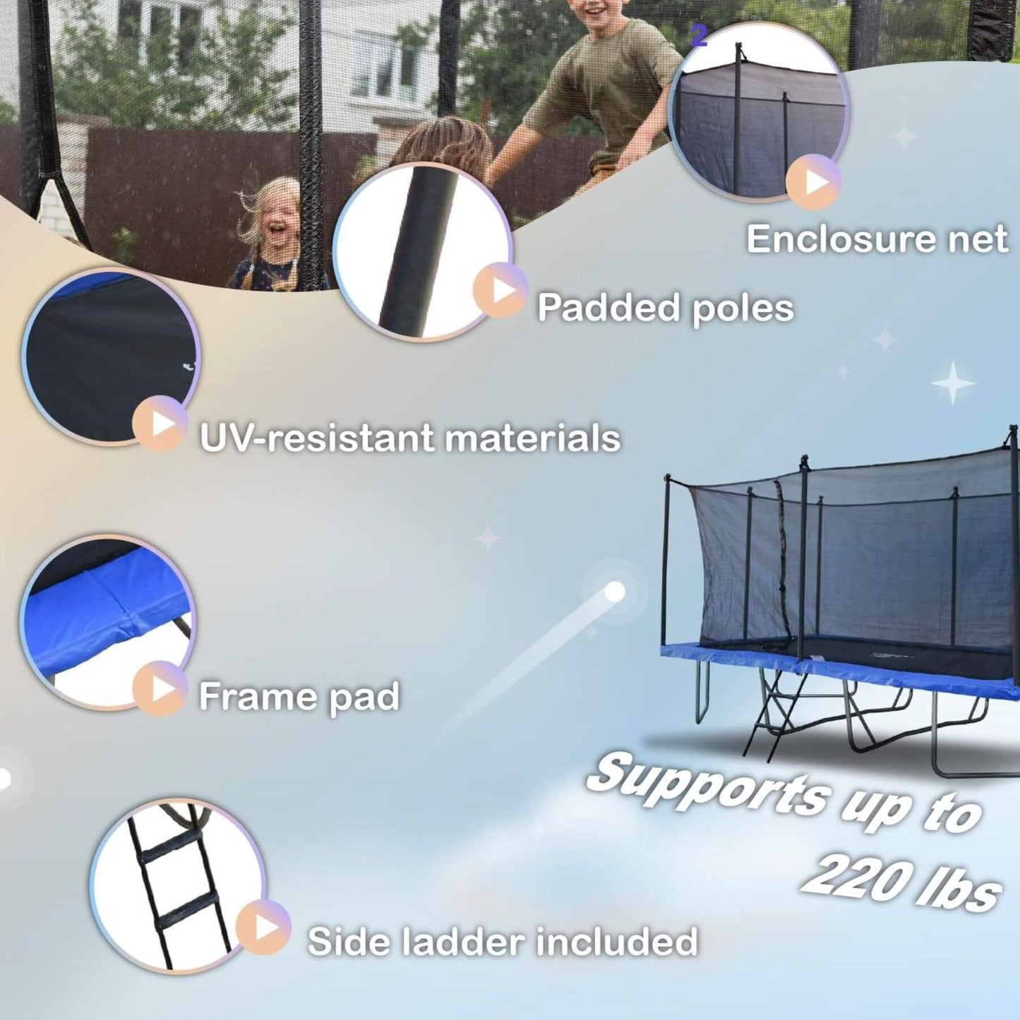 Teamson by Crowntec 15x9 FT UV-Resistant Trampoline with features highlighted on a blue gradient background