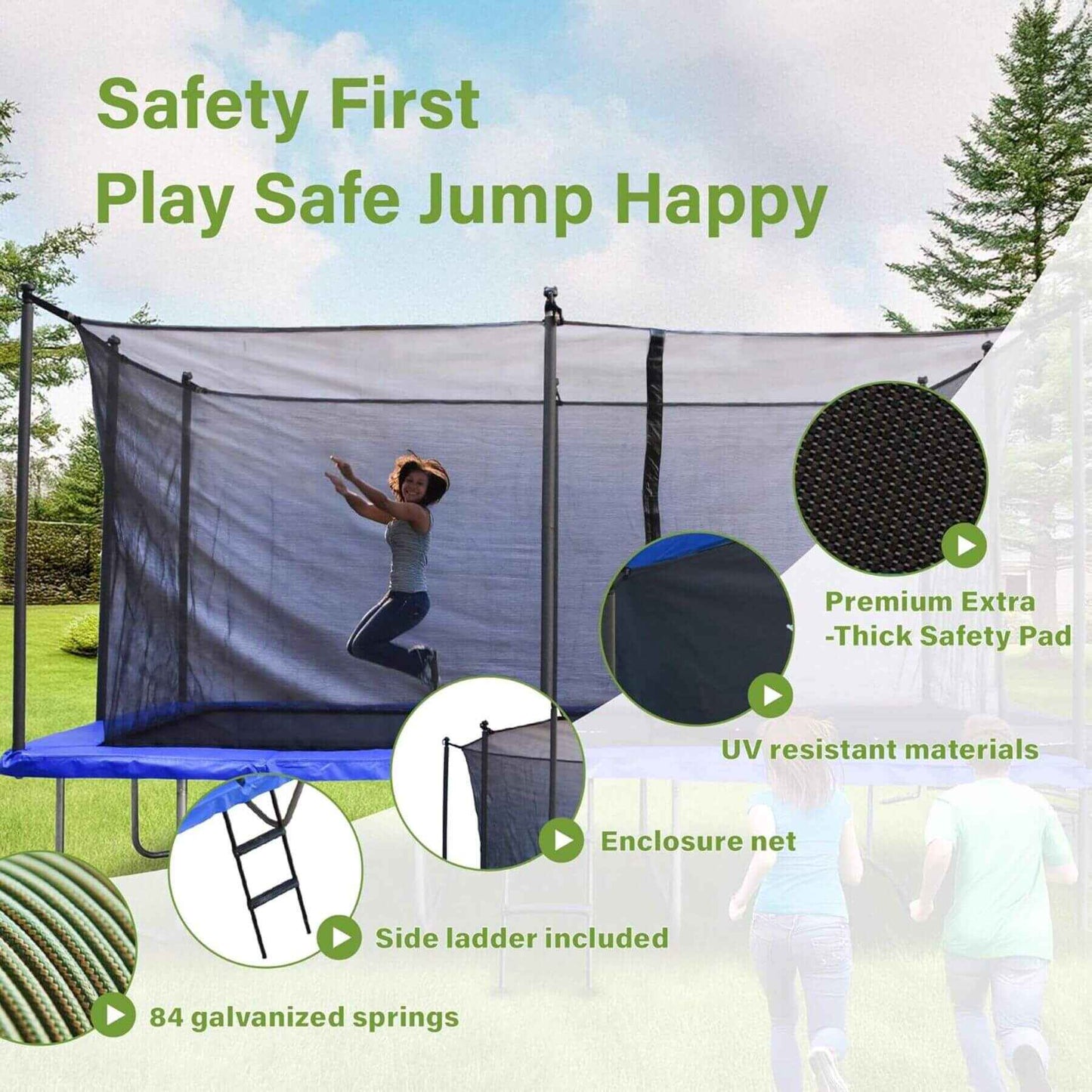 Teamson by Crowntec 15x9 FT UV-Resistant Trampoline with safety net and features highlighted on a grassy background