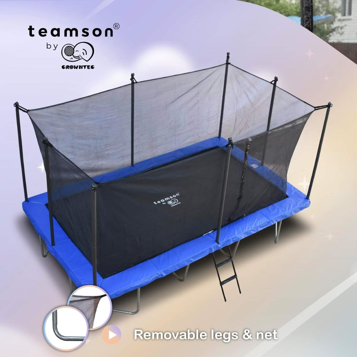 Teamson by Crowntec 15x9 FT UV-Resistant Trampoline with safety net and blue base, featuring Teamson branding.