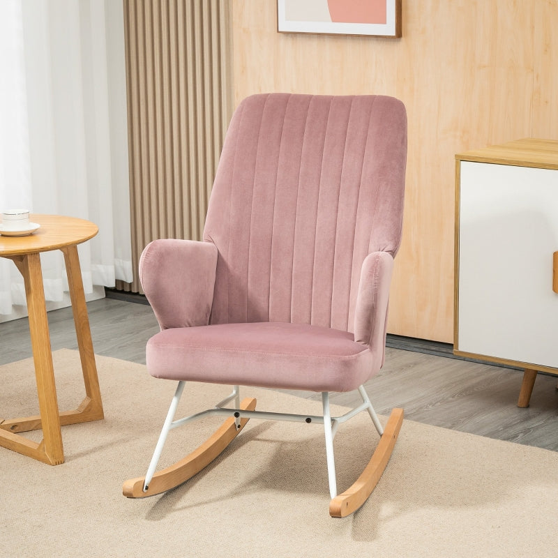 HOMCOM Modern Nursery Accent Rocking Chair | Wingback Chair | Pink