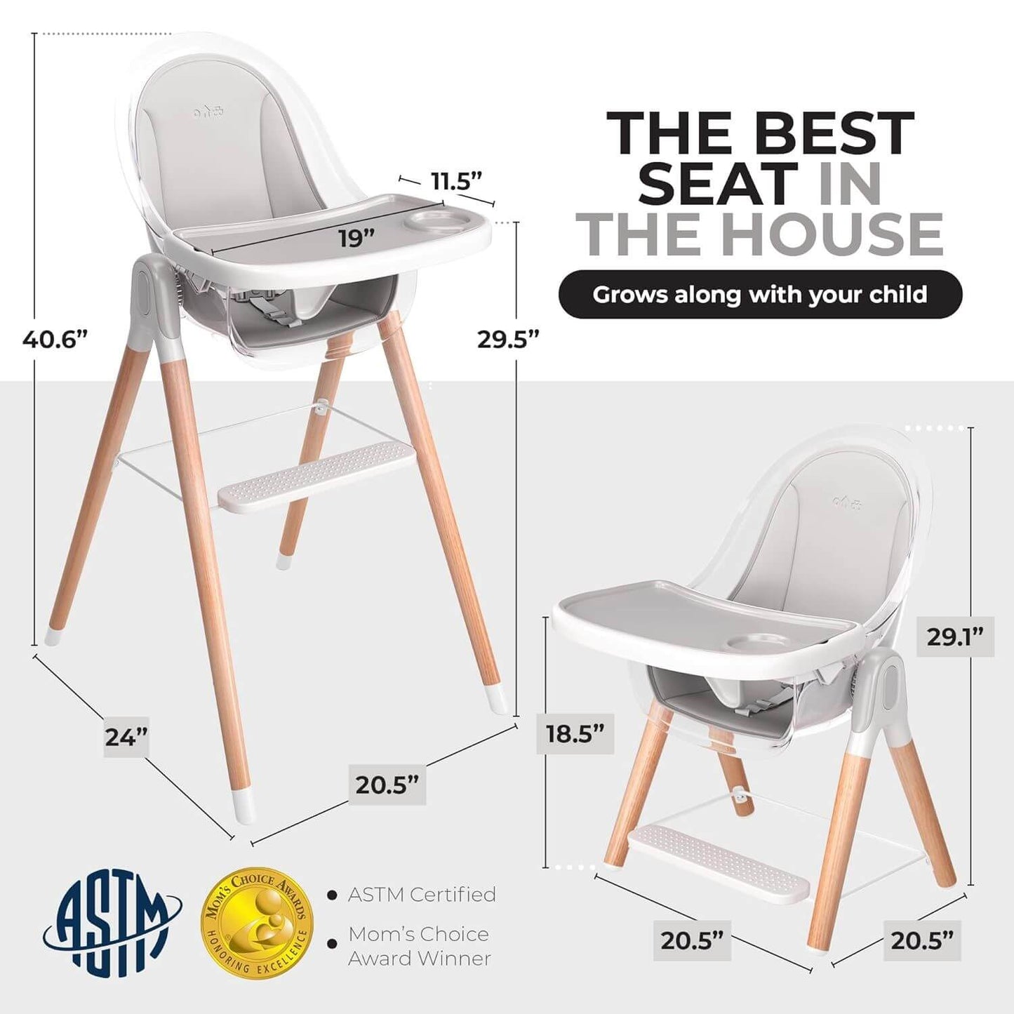 Children Of Design 6 in 1 Deluxe High Chair in Grey - Dimensions