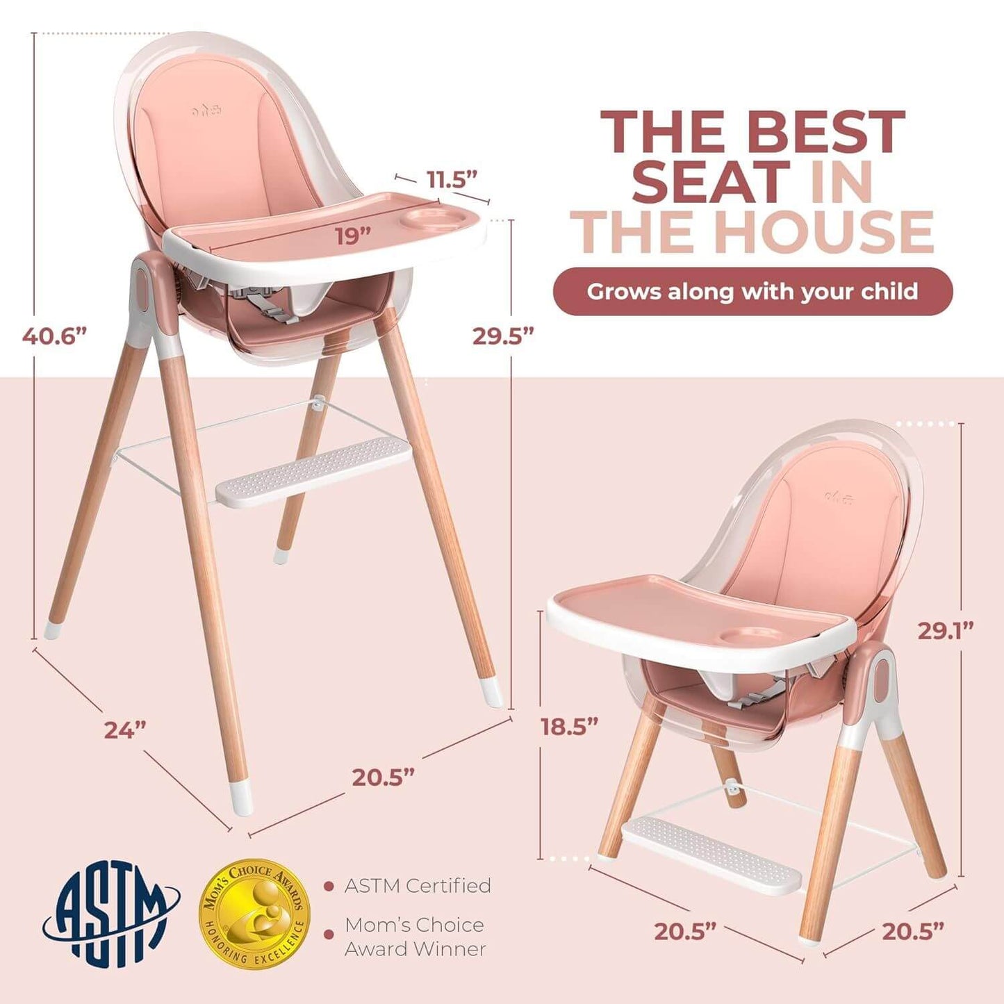 Children Of Design 6 in 1 Deluxe High Chair in Pink - Dimensions