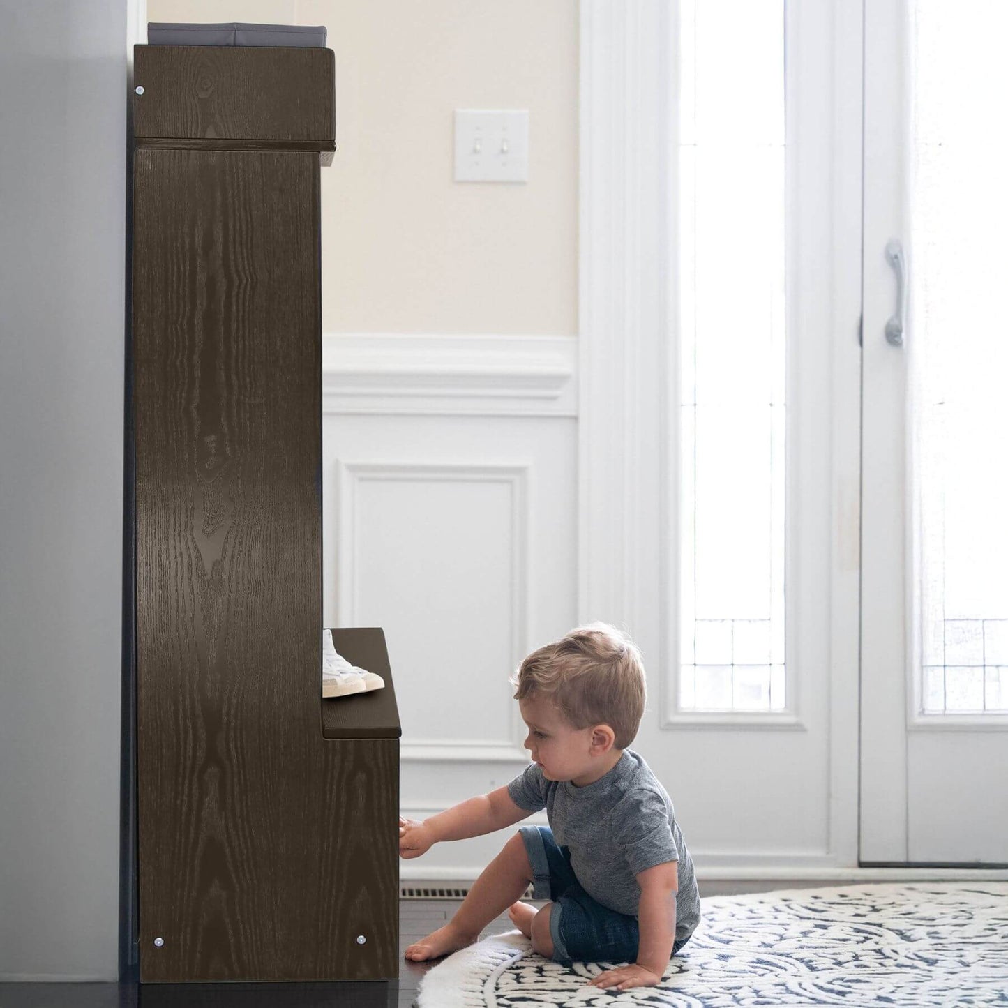 Boy Touching Little Partners Deluxe Cubby Charcoal Grey