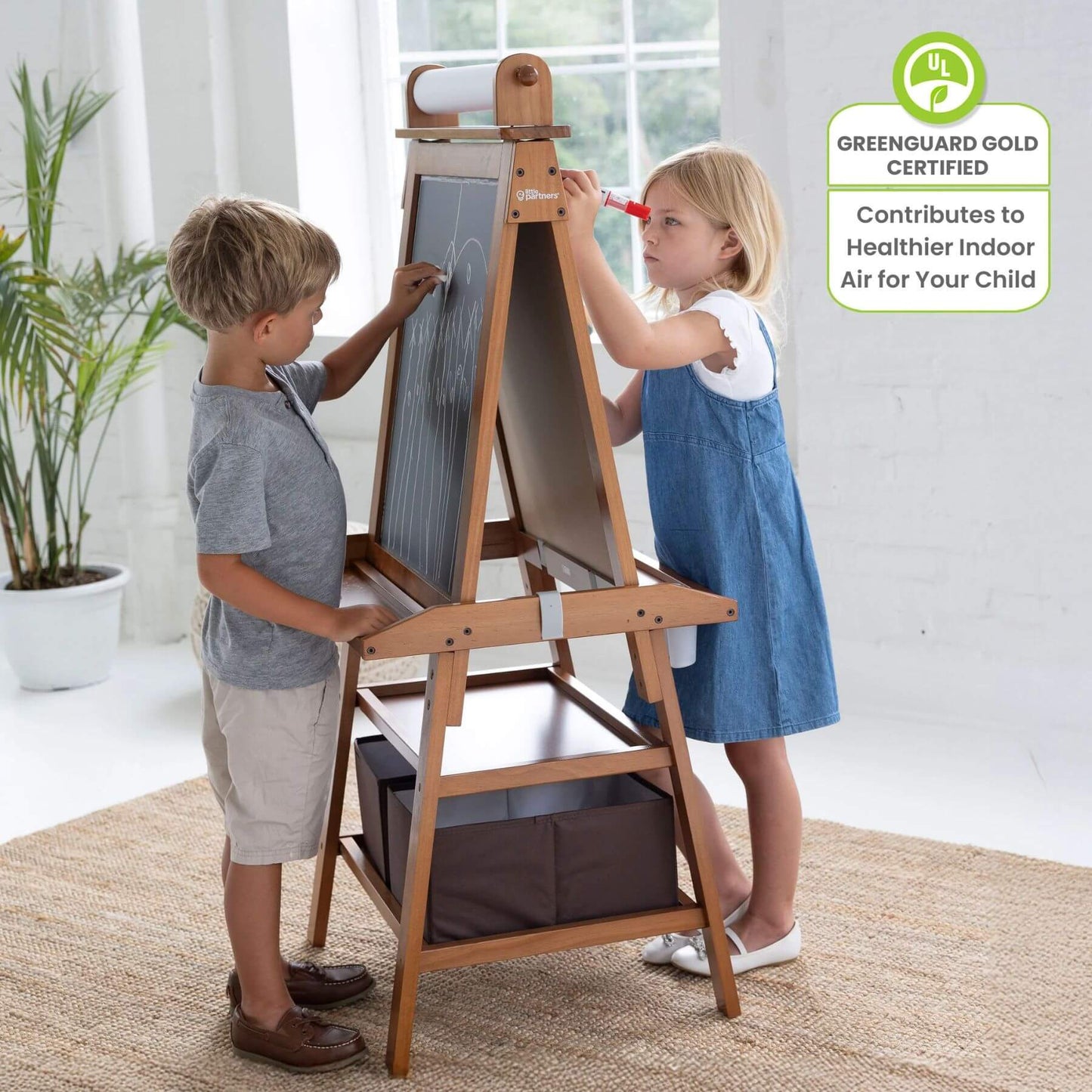 Kids Drawing on Both Sides of Little Partners Deluxe Learn & Play Art Center Espresso