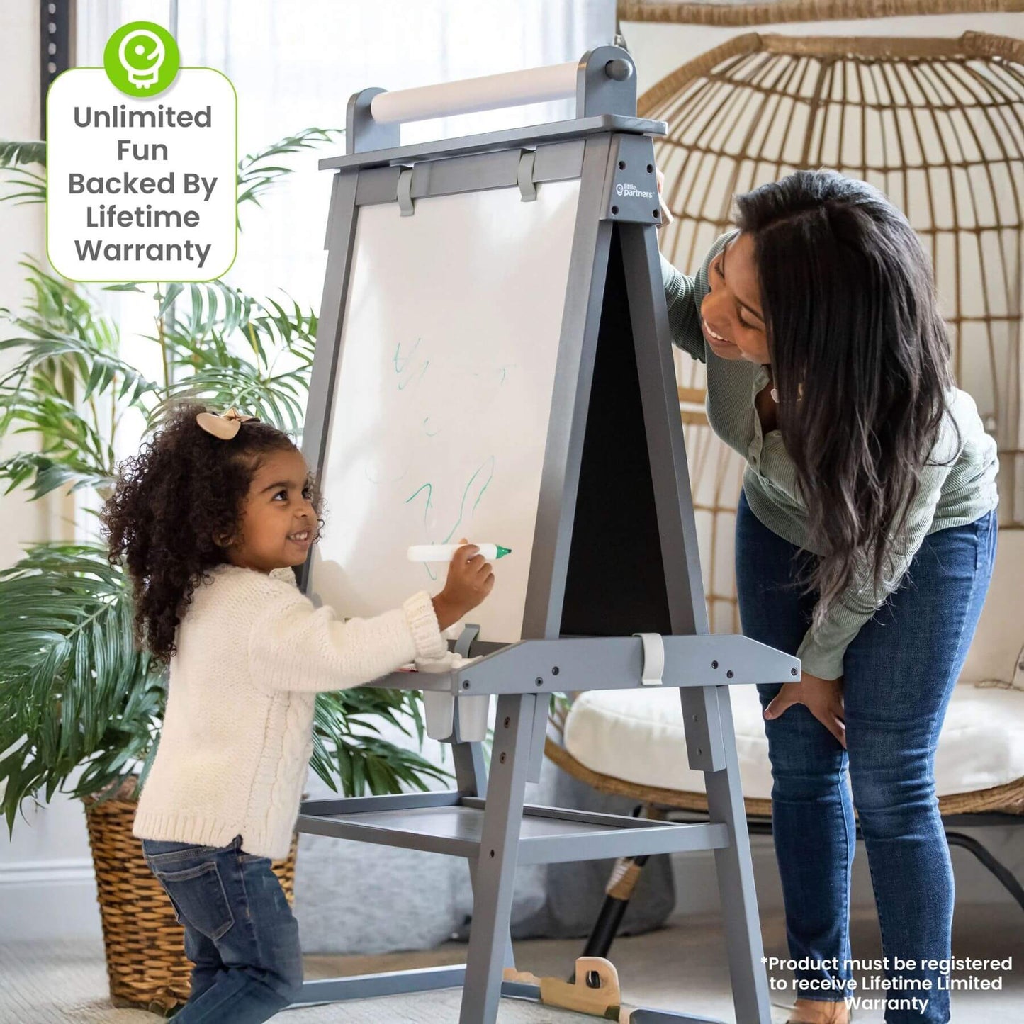 Mom & Girl Drawing on Little Partners Deluxe Learn & Play Art Center Grey