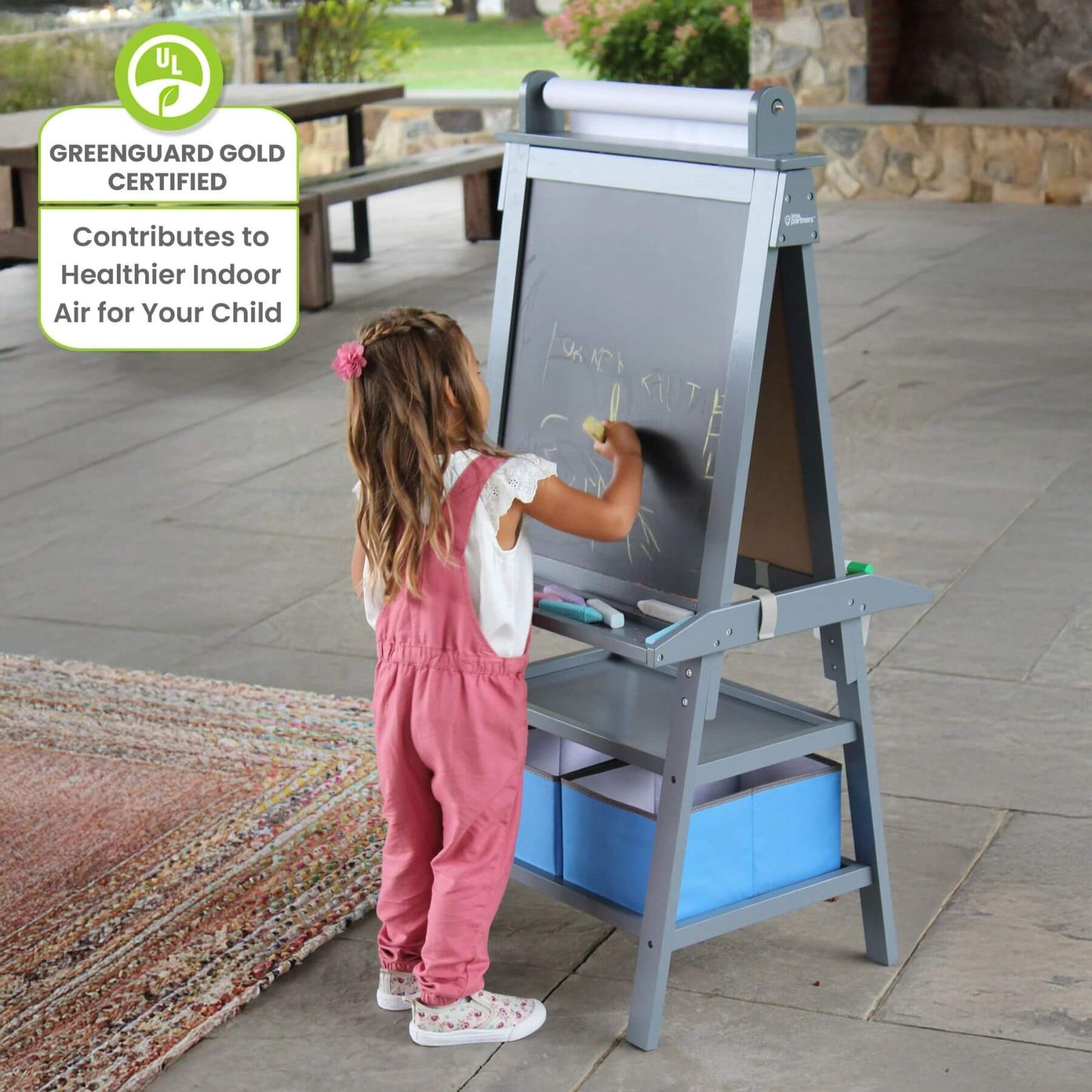 Girl Drawing on Little Partners Deluxe Learn & Play Art Center Grey
