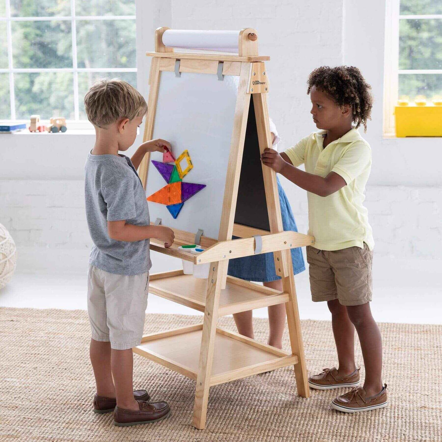Boys Drawing on Both Sides of Little Partners Deluxe Learn & Play Art Center