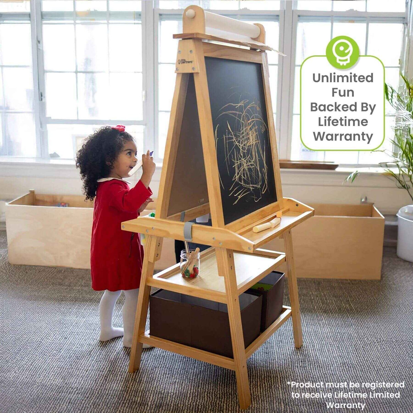 Girl Drawing on Little Partners Deluxe Learn & Play Art Center Natural