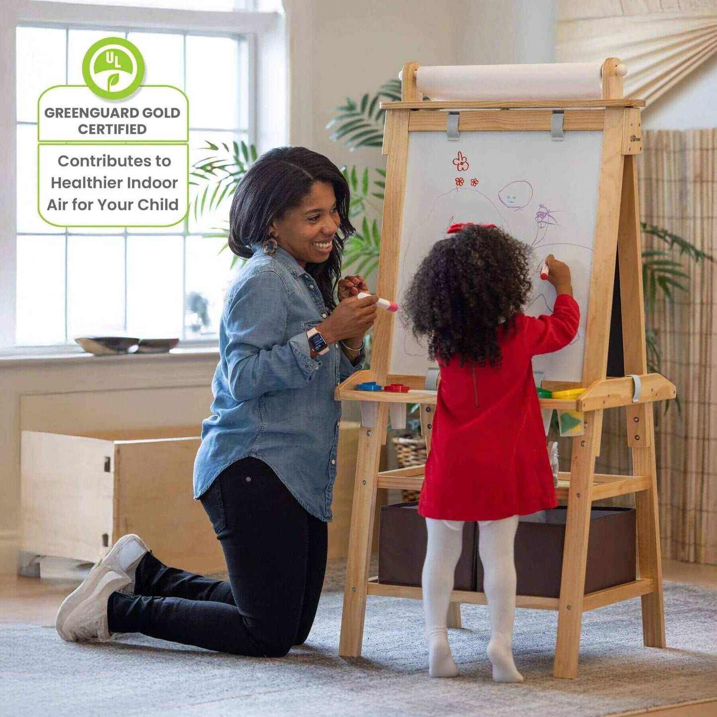 Mom & Girl Drawing on Little Partners Deluxe Learn & Play Art Center Natural