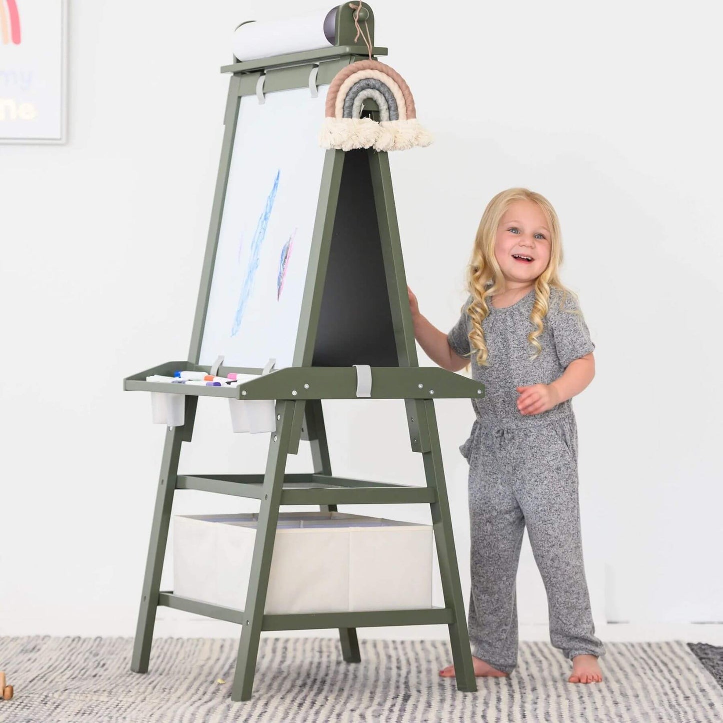 Girl Drawing on Little Partners Deluxe Learn & Play Art Center Olive Green