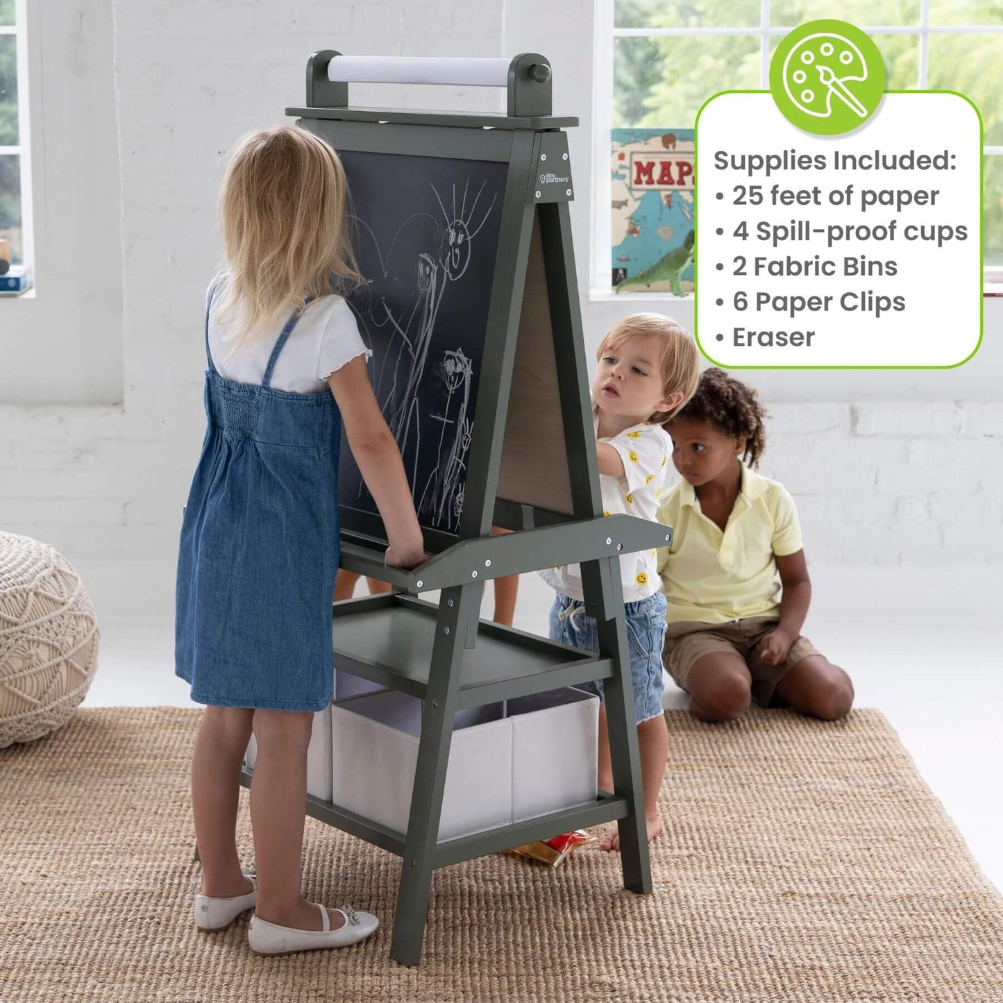 Girls Drawing on Little Partners Deluxe Learn & Play Art Center Olive Green