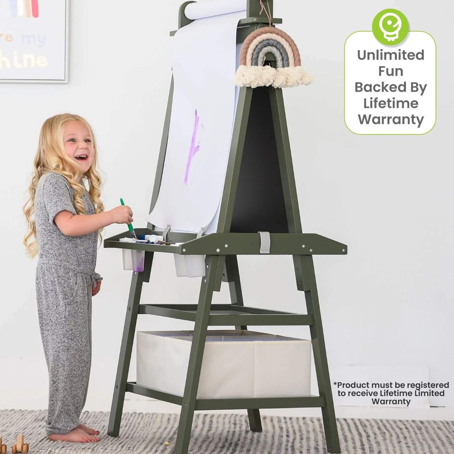 Girl Drawing on Little Partners Deluxe Learn & Play Art Center Olive Green