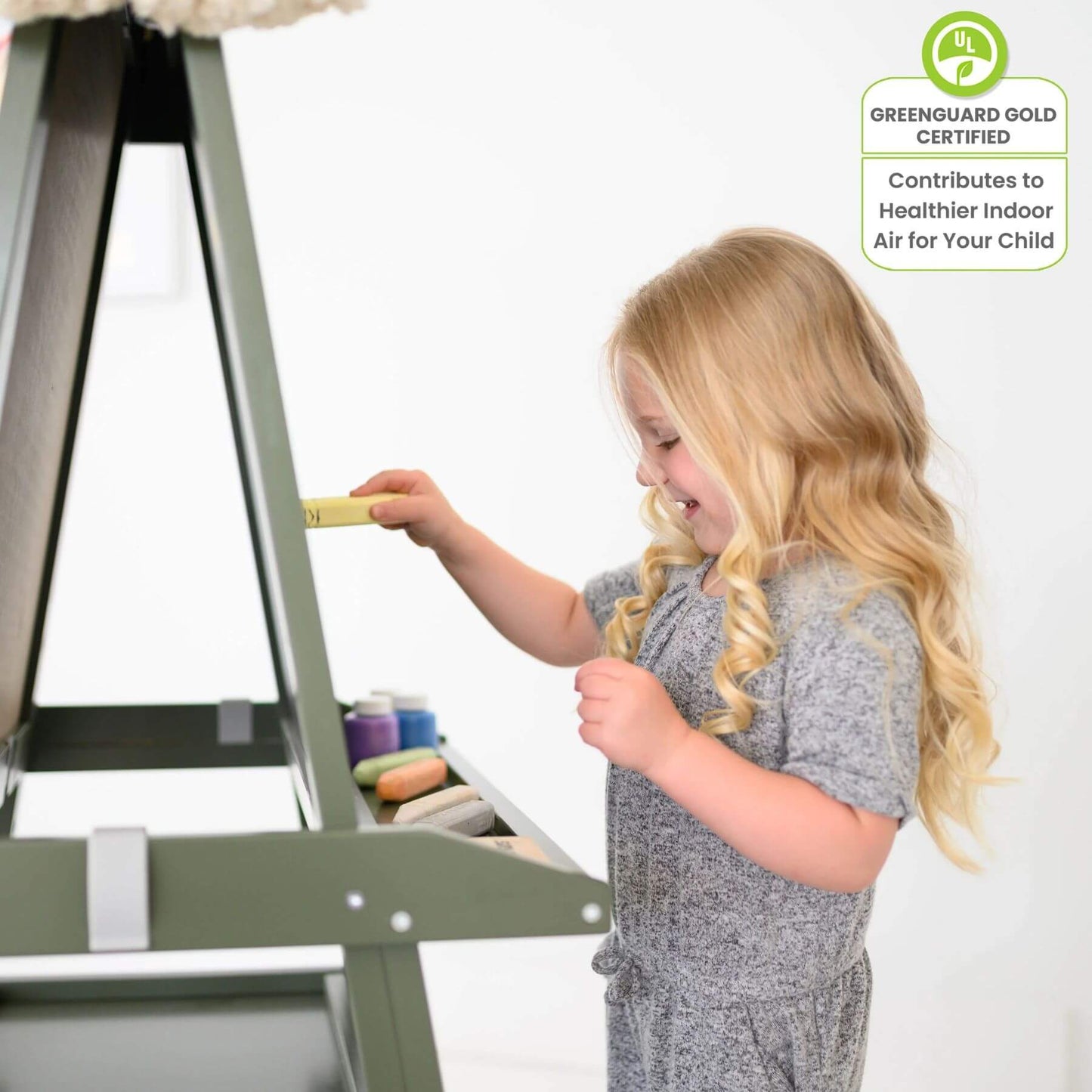 Girl Drawing on Little Partners Deluxe Learn & Play Art Center Olive Green