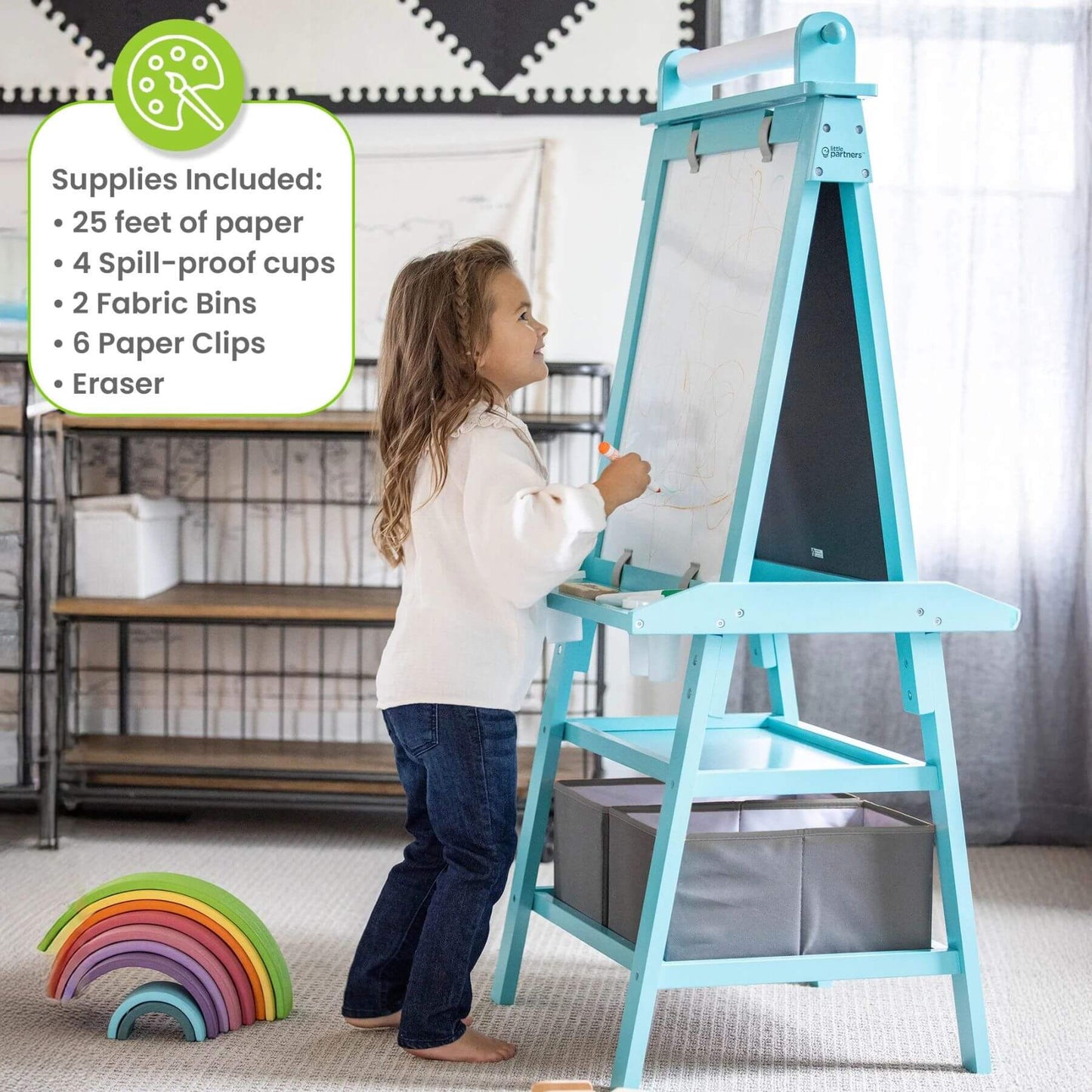 Girl Drawing on Little Partners Deluxe Learn & Play Art Center Turquoise
