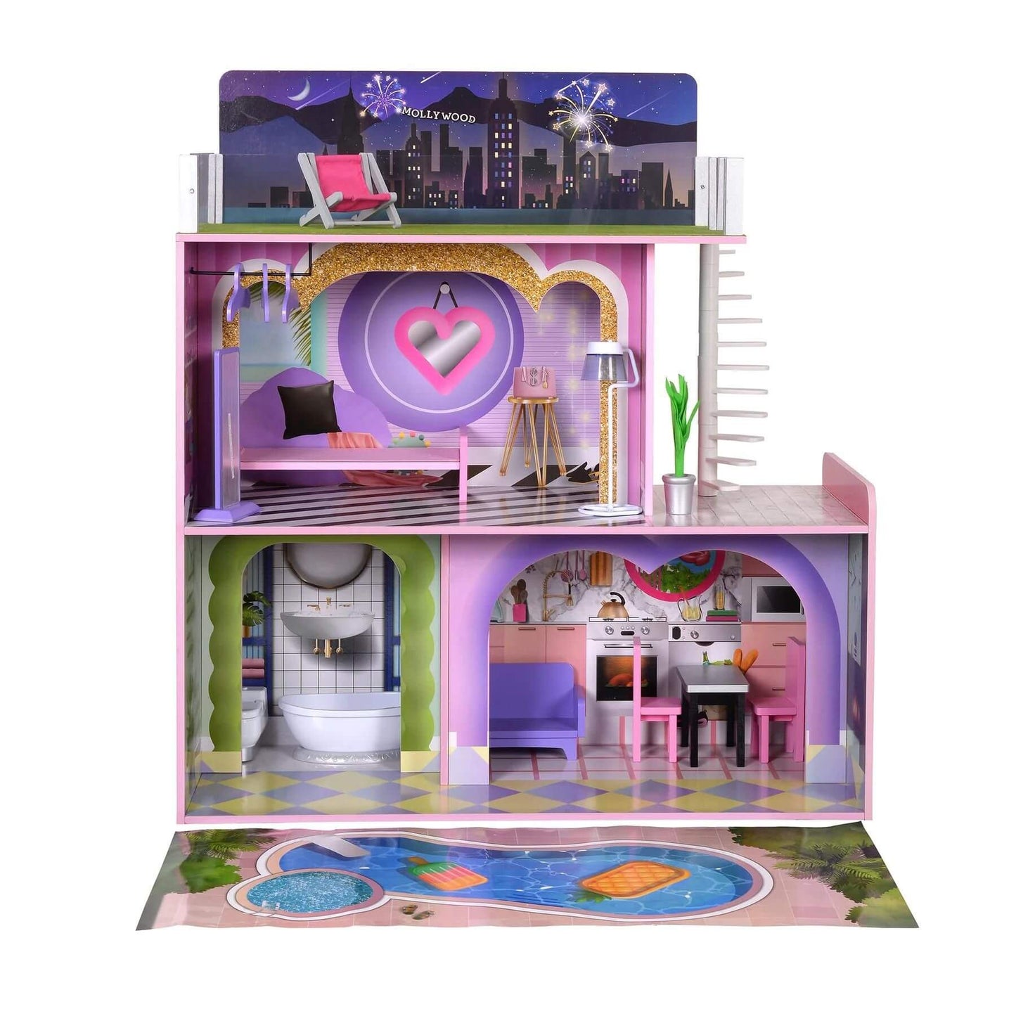 Front View of Olivia's Little World Kids Wooden Dreamland Sunset 3-Level Dollhouse Set