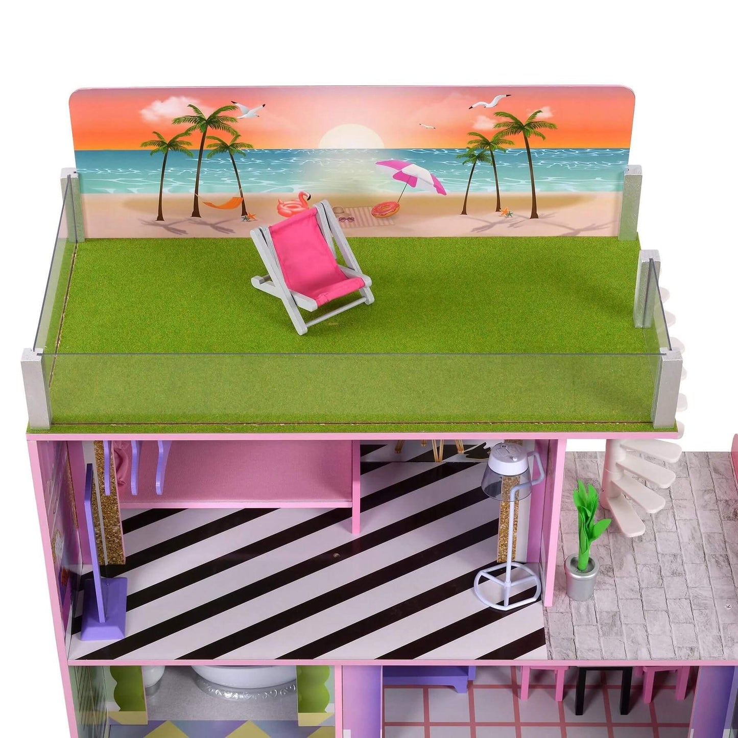 Detail of Olivia's Little World Kids Wooden Dreamland Sunset 3-Level Dollhouse Set