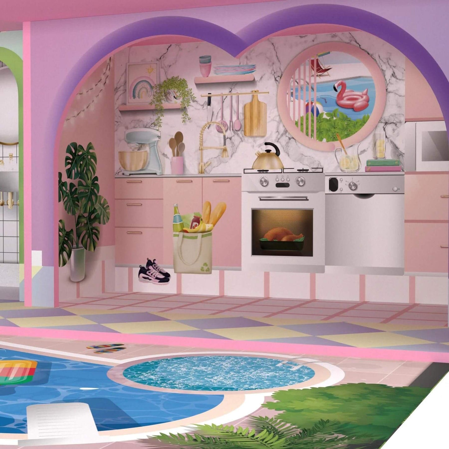 Detail of Olivia's Little World Kids Wooden Dreamland Sunset 3-Level Dollhouse Set