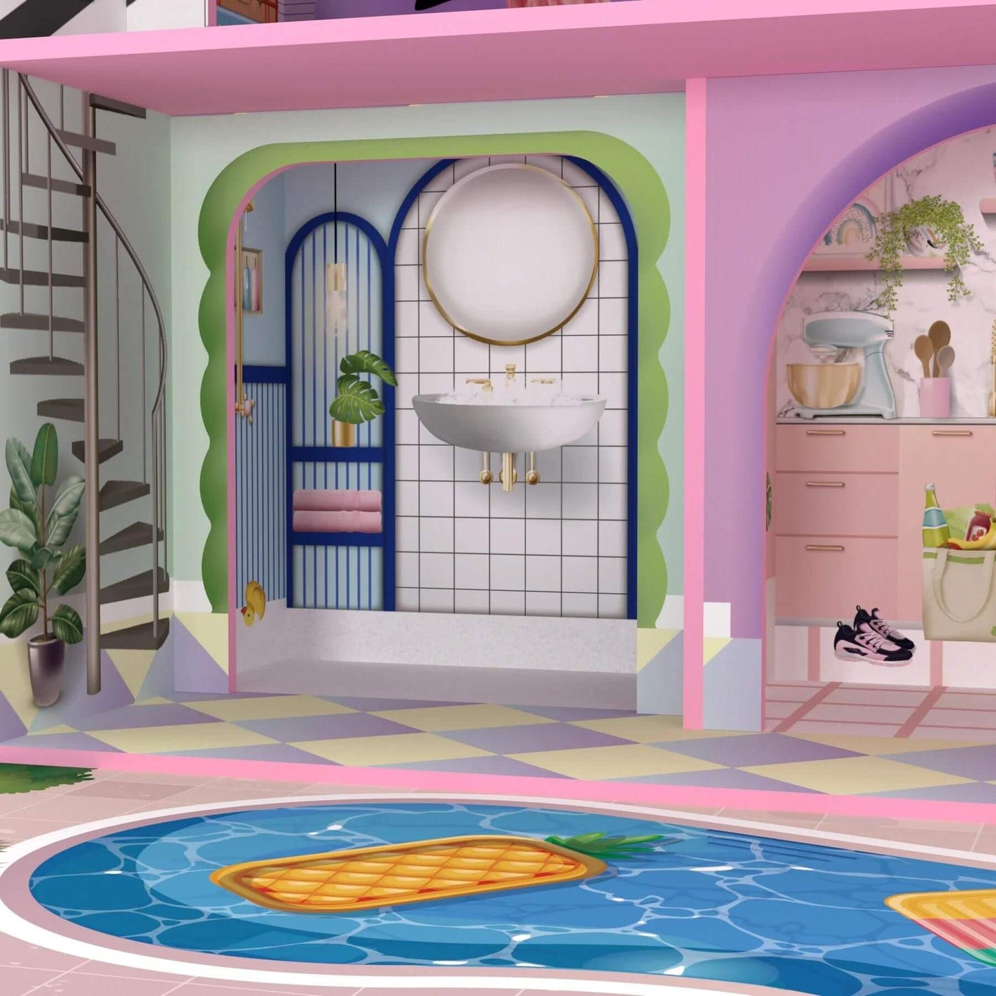 Detail of Olivia's Little World Kids Wooden Dreamland Sunset 3-Level Dollhouse Set
