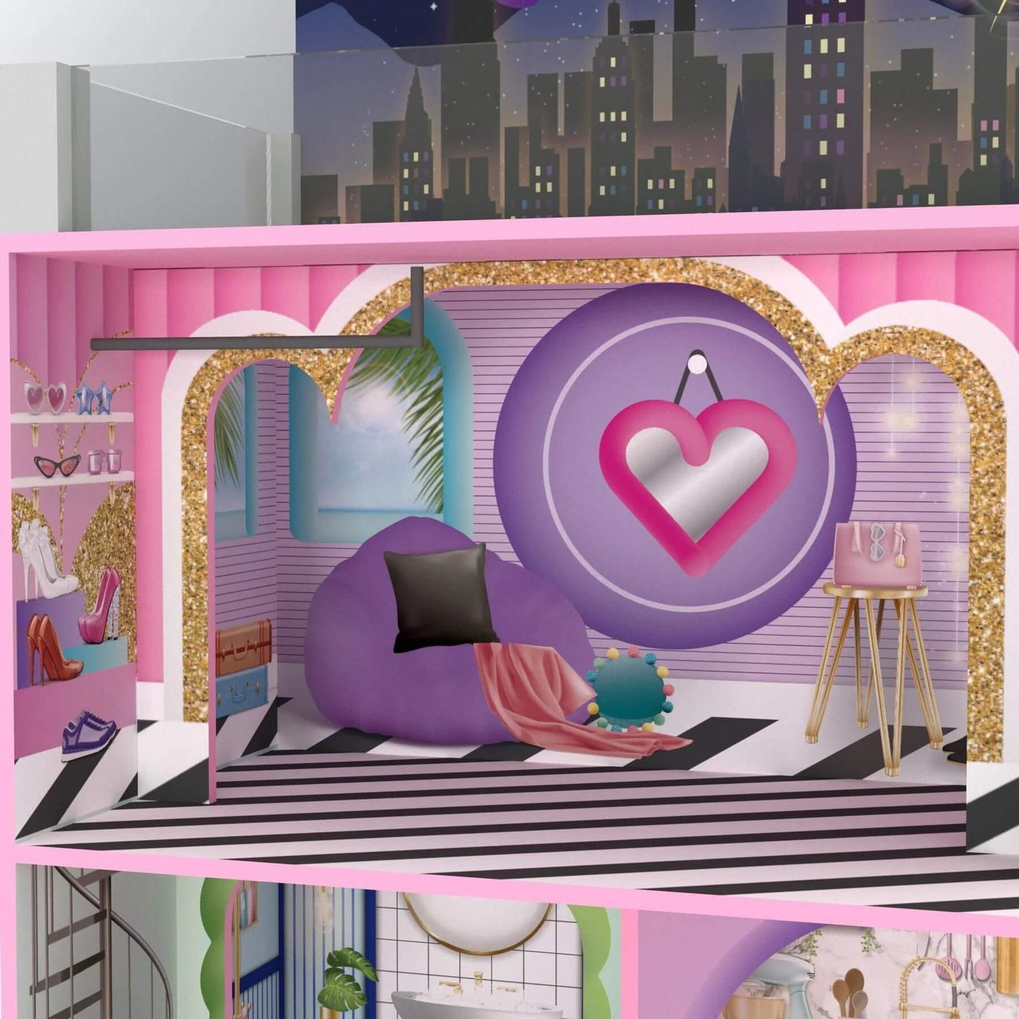 Detail of Olivia's Little World Kids Wooden Dreamland Sunset 3-Level Dollhouse Set