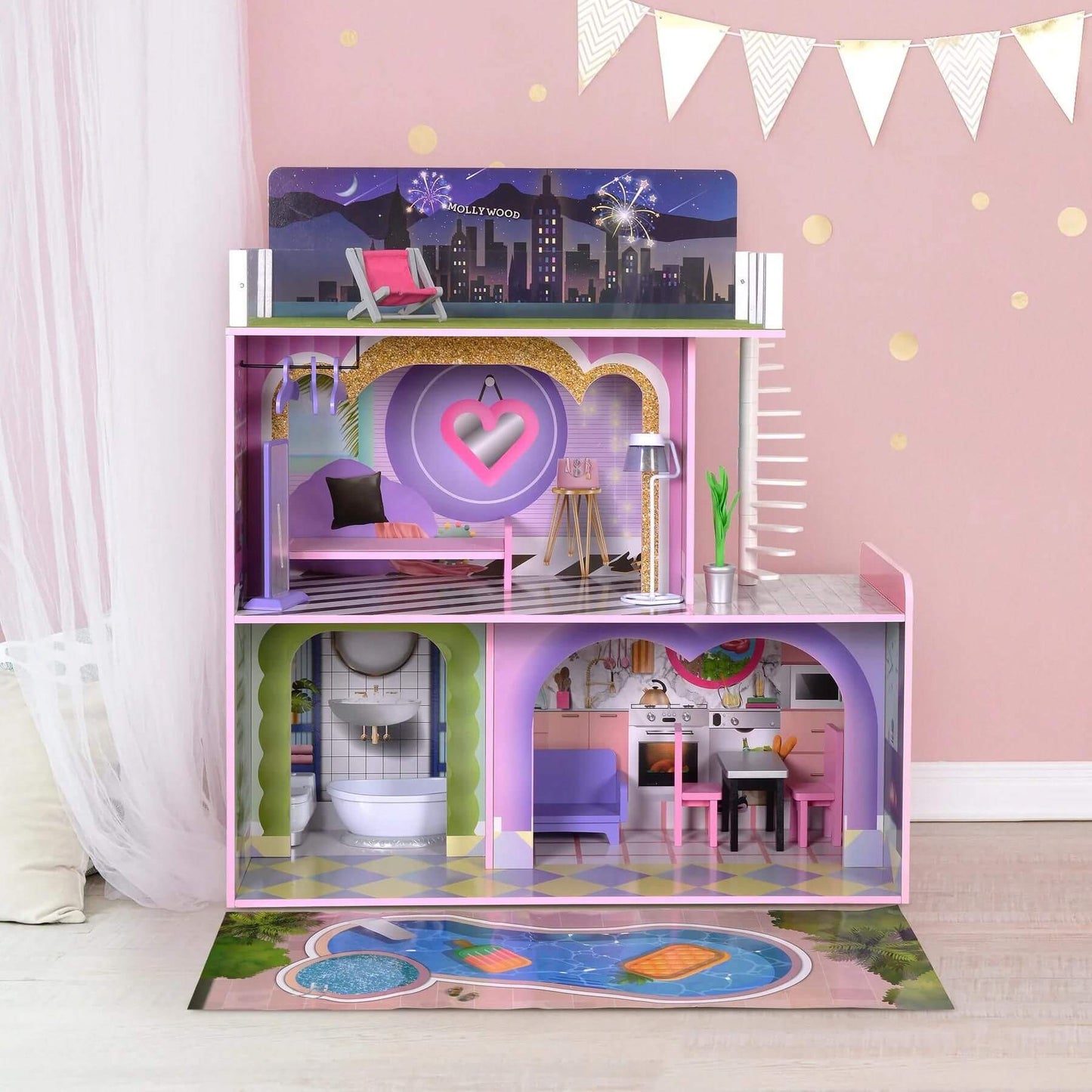 Olivia's Little World Kids Wooden Dreamland Sunset 3-Level Dollhouse Set
