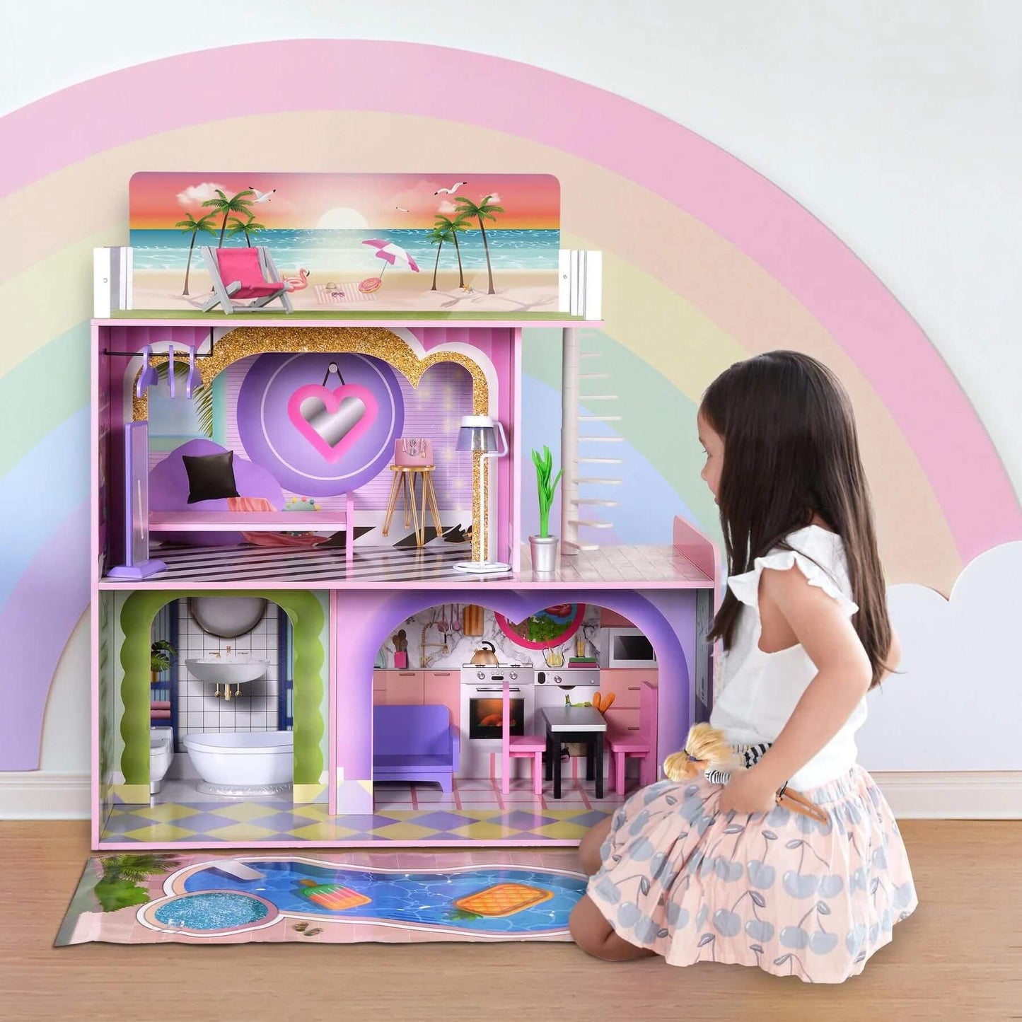 Girl Playing with Olivia's Little World Kids Wooden Dreamland Sunset 3-Level Dollhouse Set