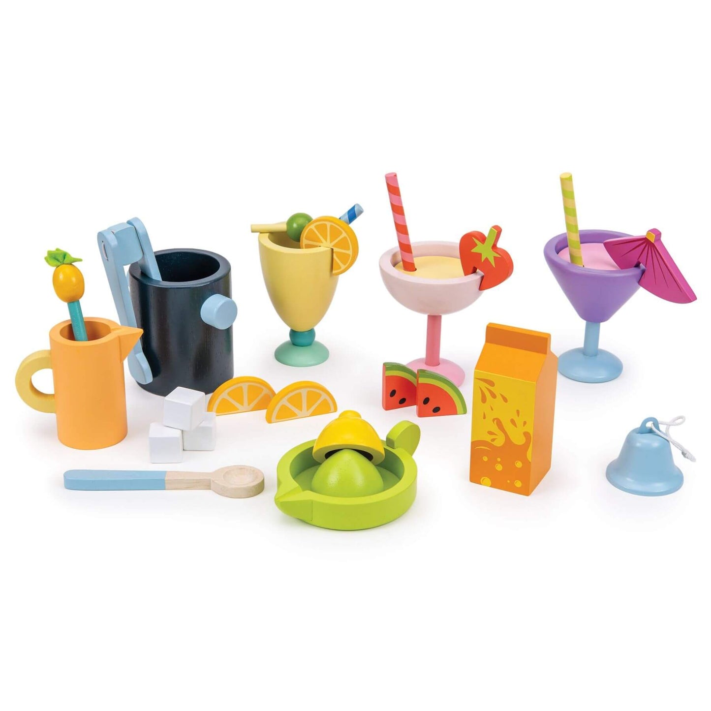 Colorful toy drink set with cups, straws, and fruit on a white background
