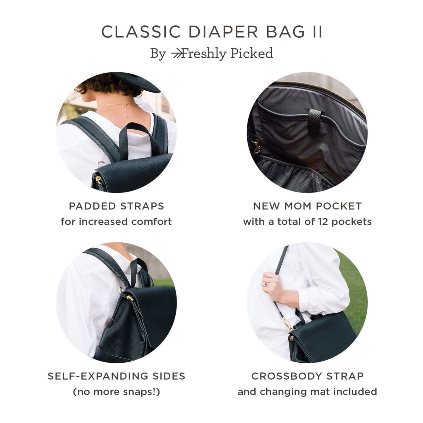 Diaper bag features with text highlighting its design elements on a white background.