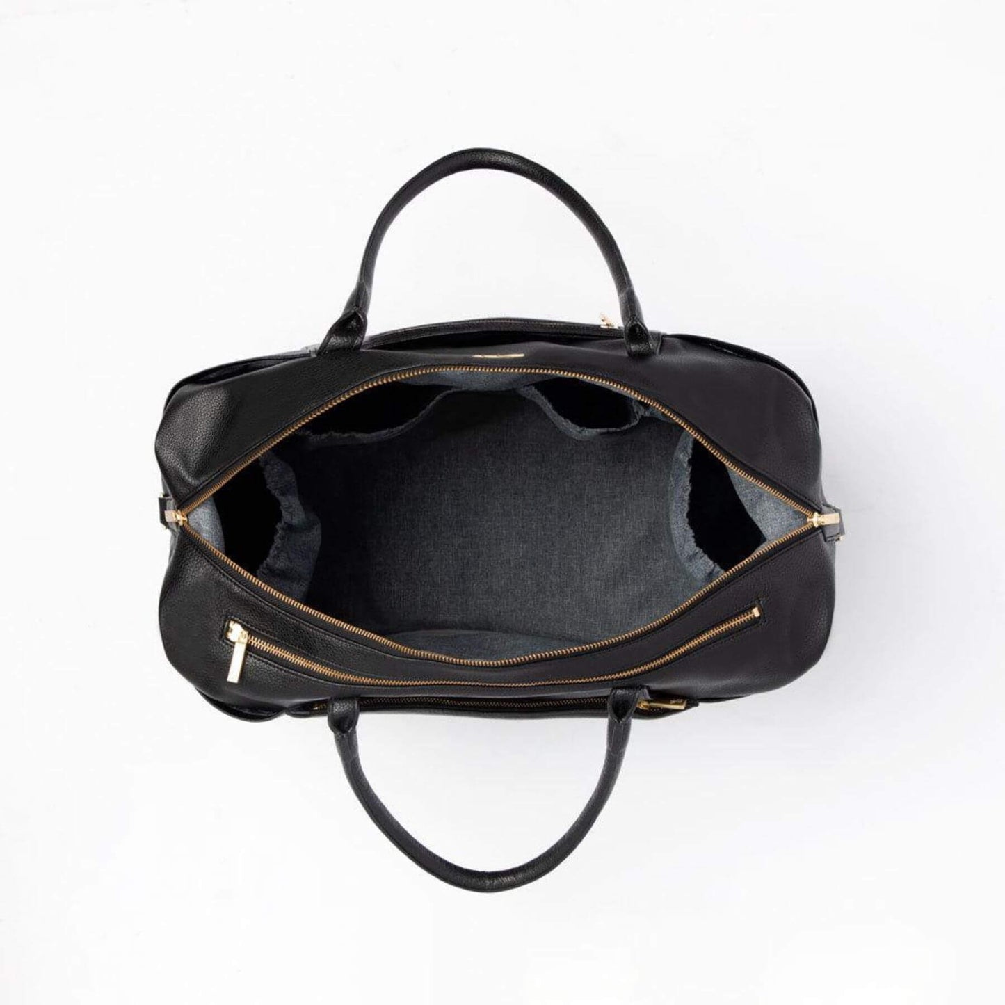 Ebony Classic Weekender with gold zippers on a white background