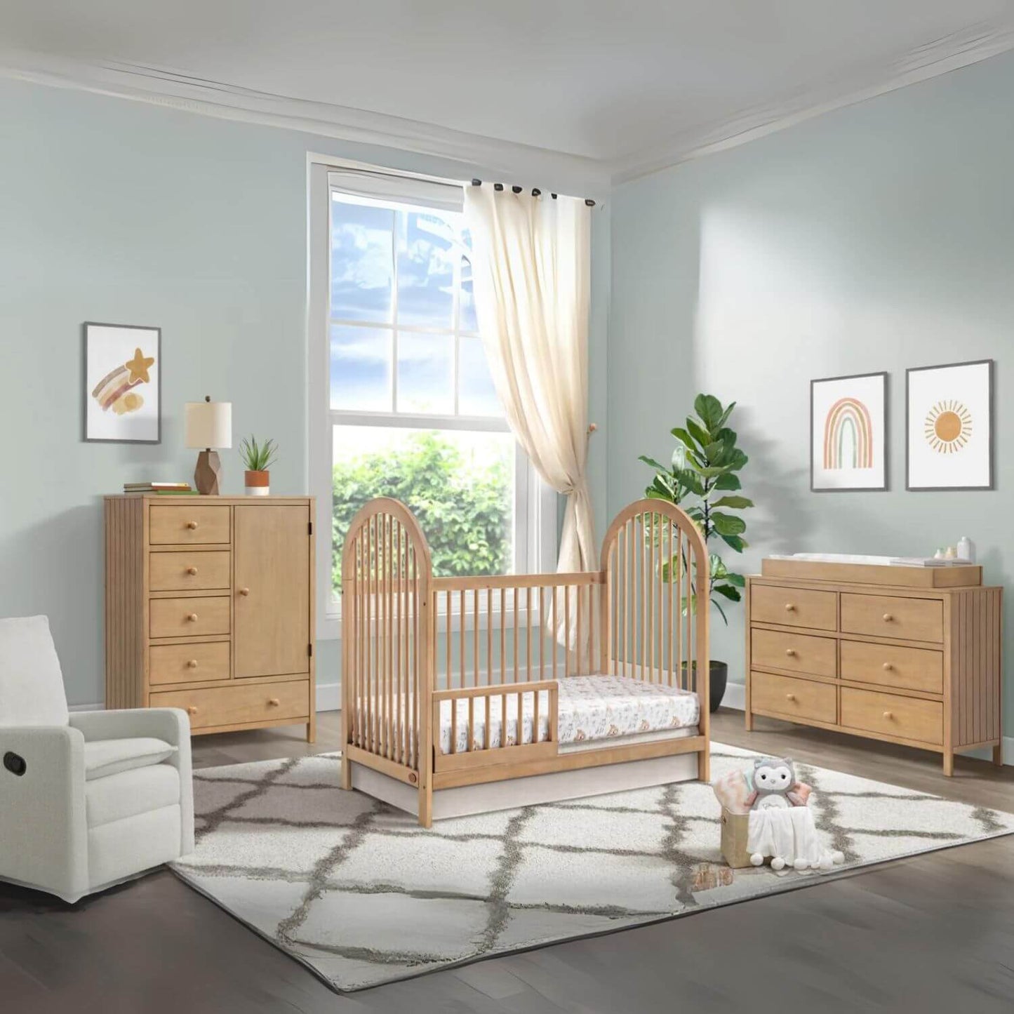 Soho Baby Everlee 3-in-1 Convertible Island Crib in Honey Wood - Lifestyle