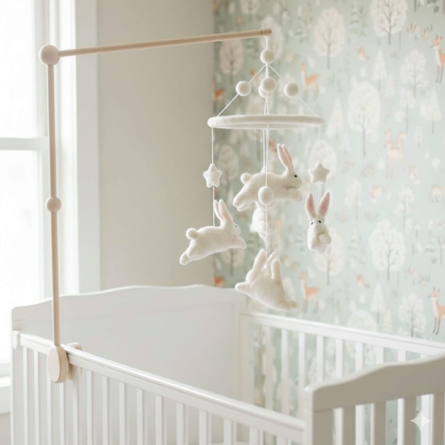 Baby crib with Ganapati Crafts Co. Felt Baby Mobile - Bunnies in a nursery setting.