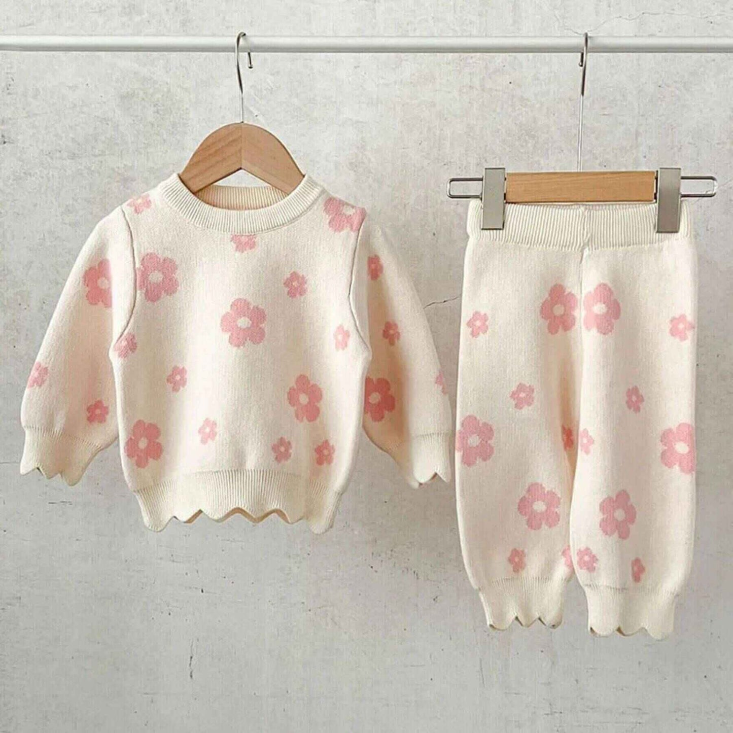 Flower Power Knitted Set with pink floral pattern on a white background