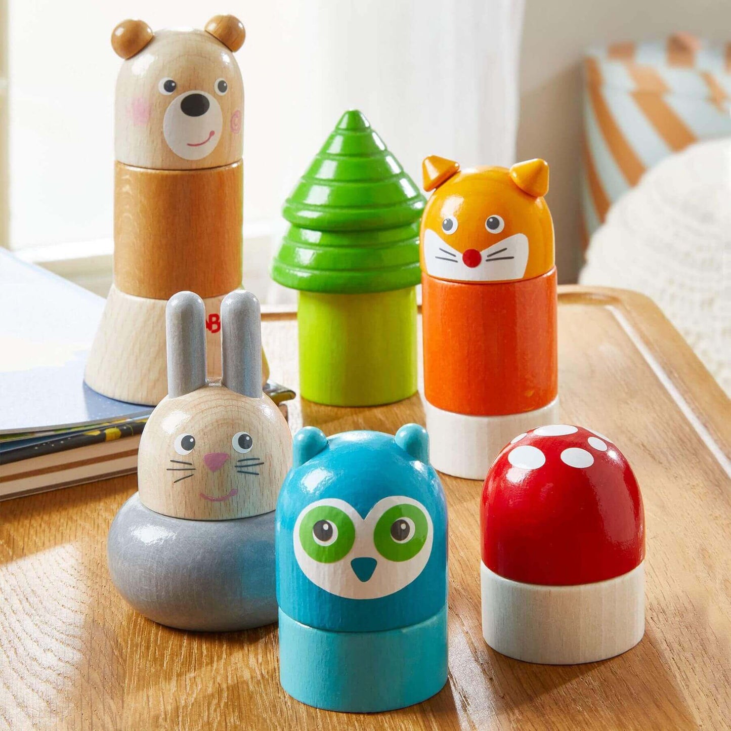 HABA USA Forest Animals Wooden Stacking Toy on a wooden surface