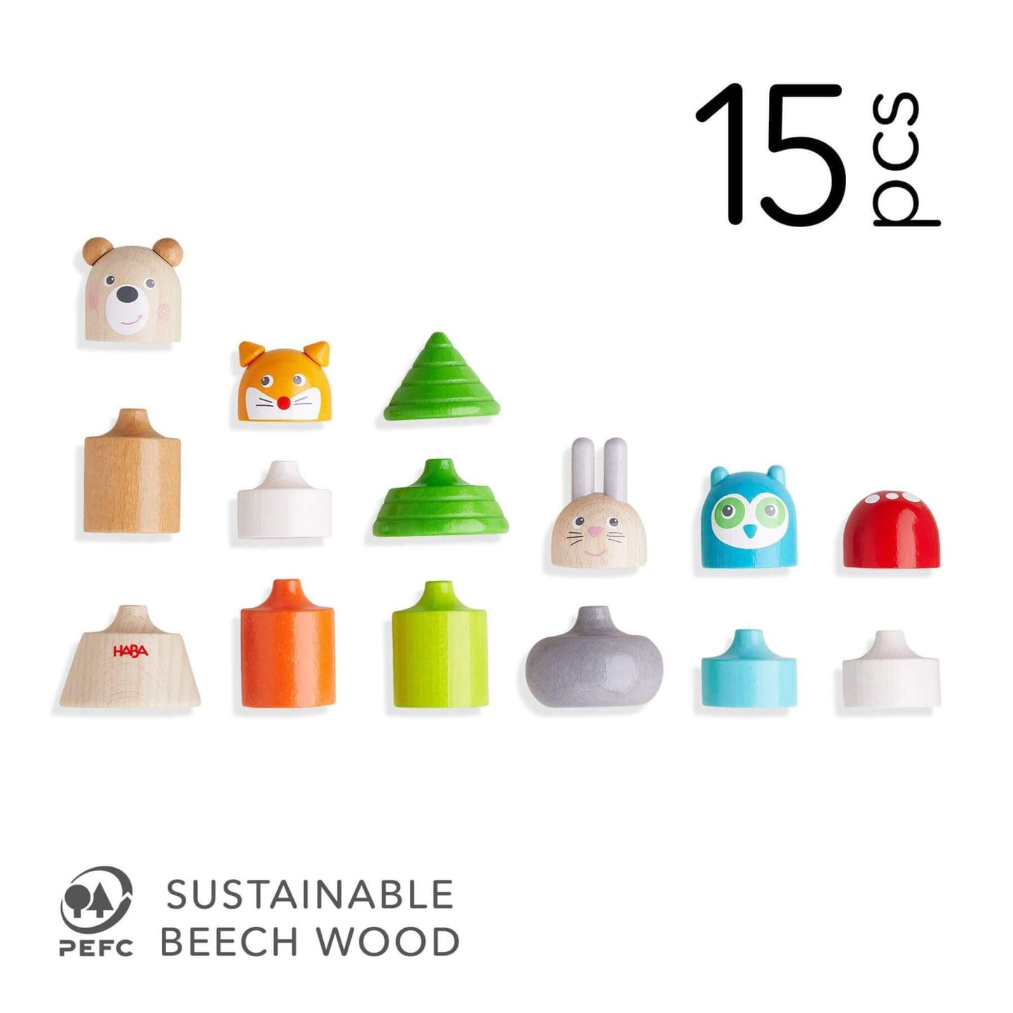 Set of 15 wooden toys with animal designs on a white background, featuring the PEFC logo.