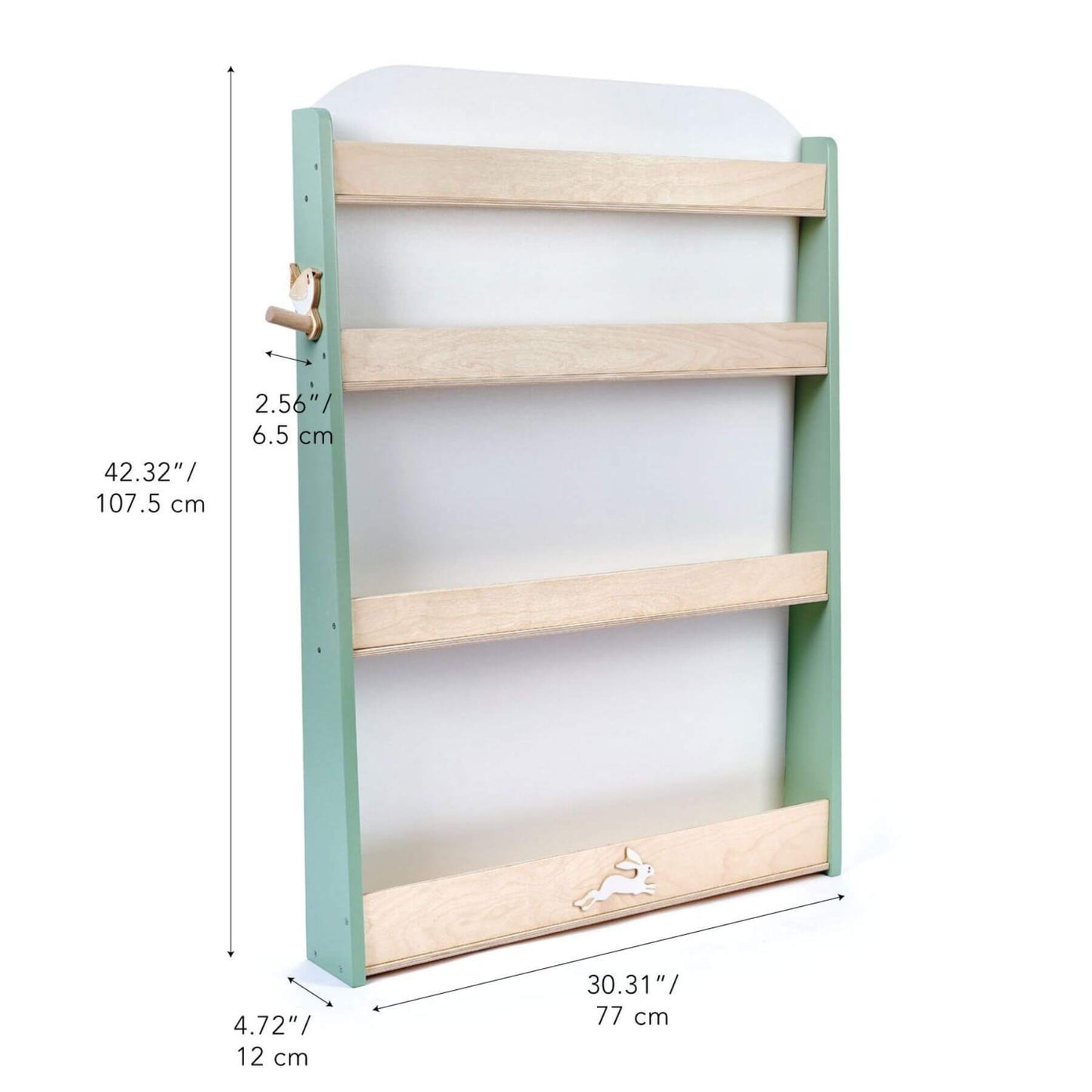 Tender Leaf Forest Bookcase with dimensions indicated on a white background