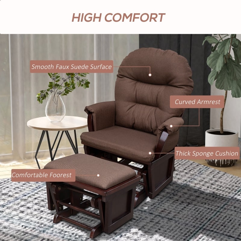 HOMCOM Nursery Glider Rocker with Ottoman | Thick Padded Cushion & Wood Base | Brown
