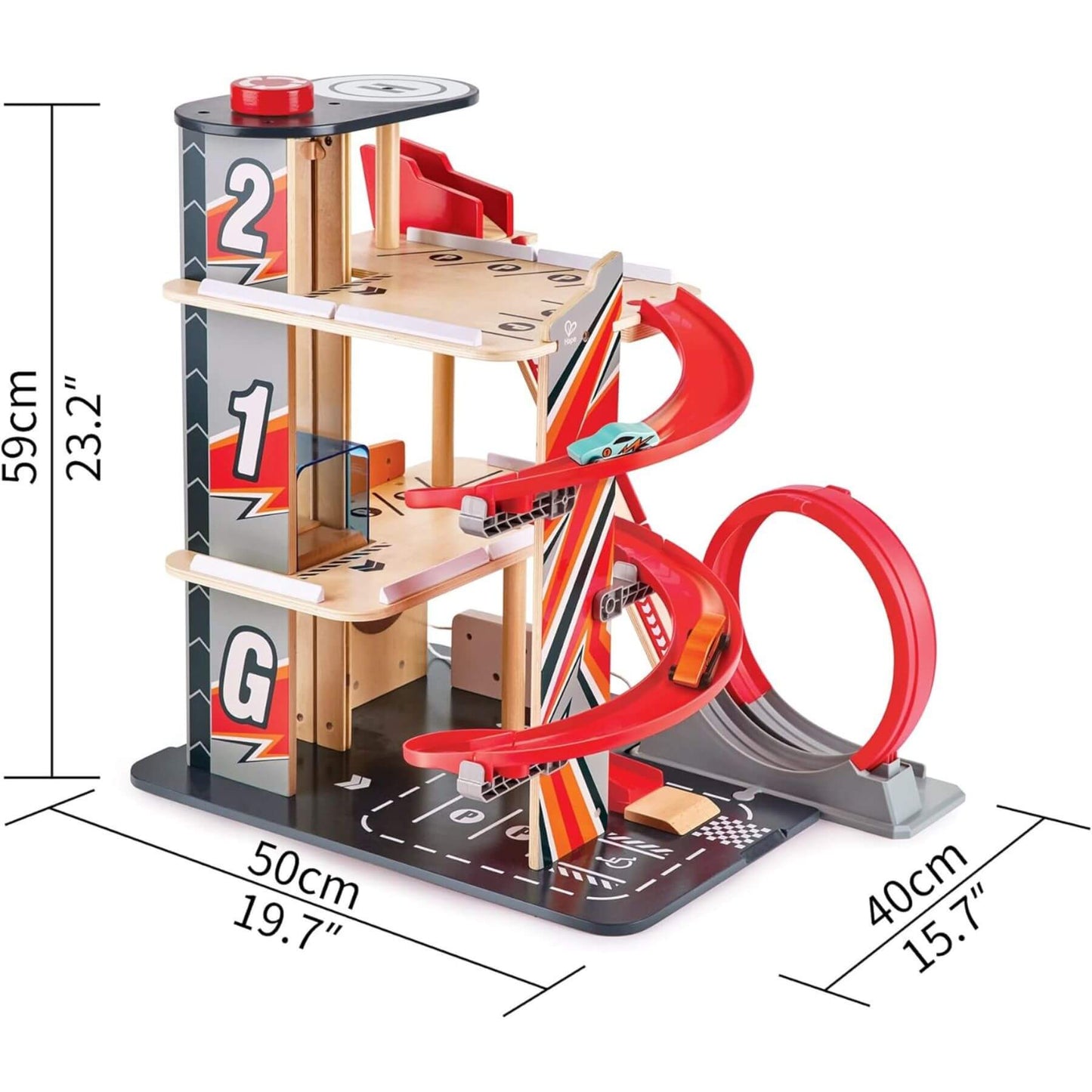 Hape Gearhead Stunt Garage, featuring dimensions on a white background.