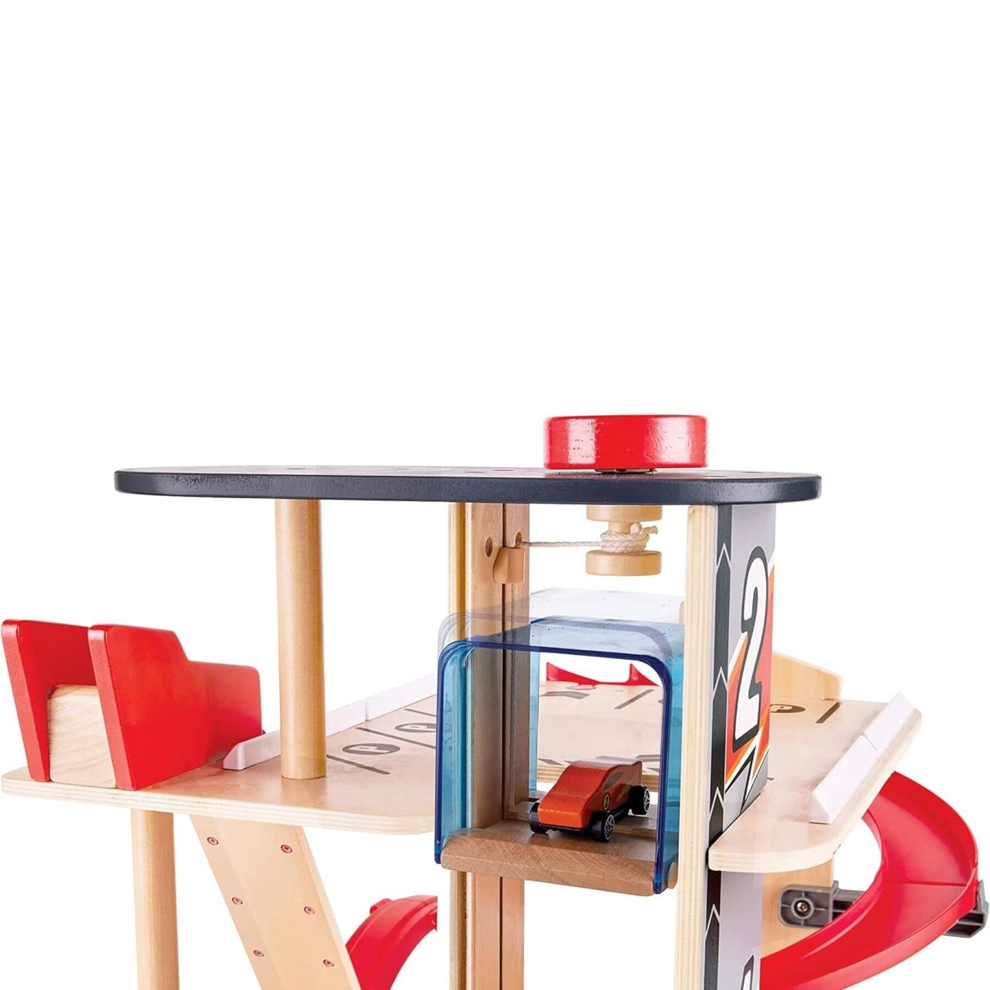 Close-up of Hape Gearhead Stunt Garage