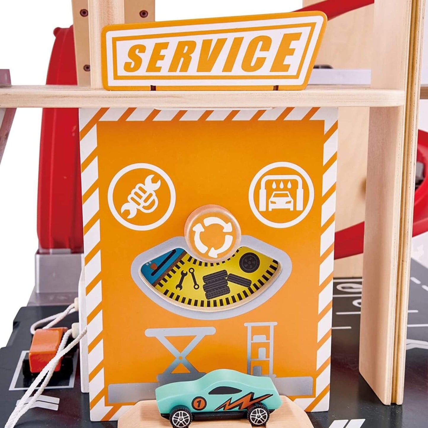 Close-up of Hape Gearhead Stunt Garage