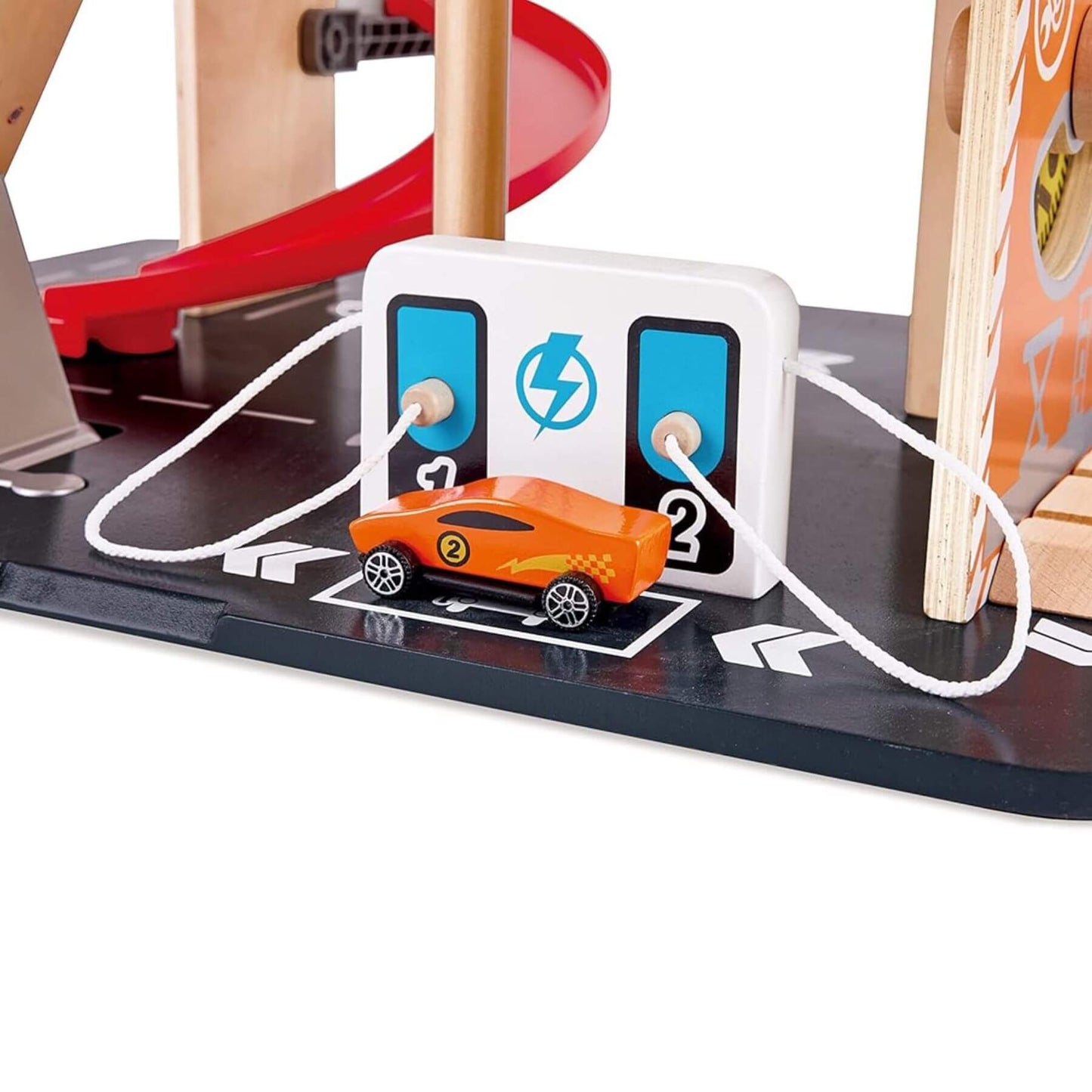 Close-up of Hape Gearhead Stunt Garage